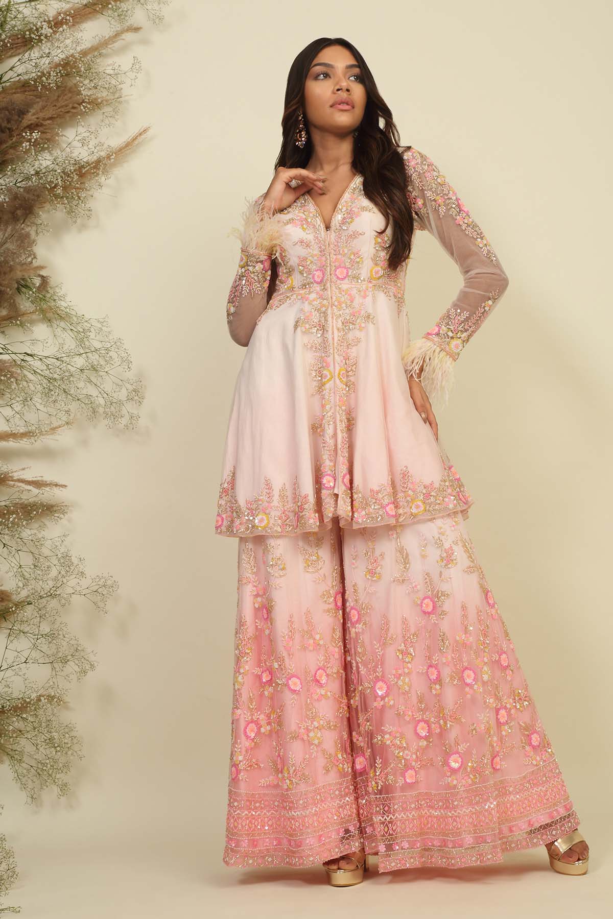 Peplum Floral Kurta Sharara Set