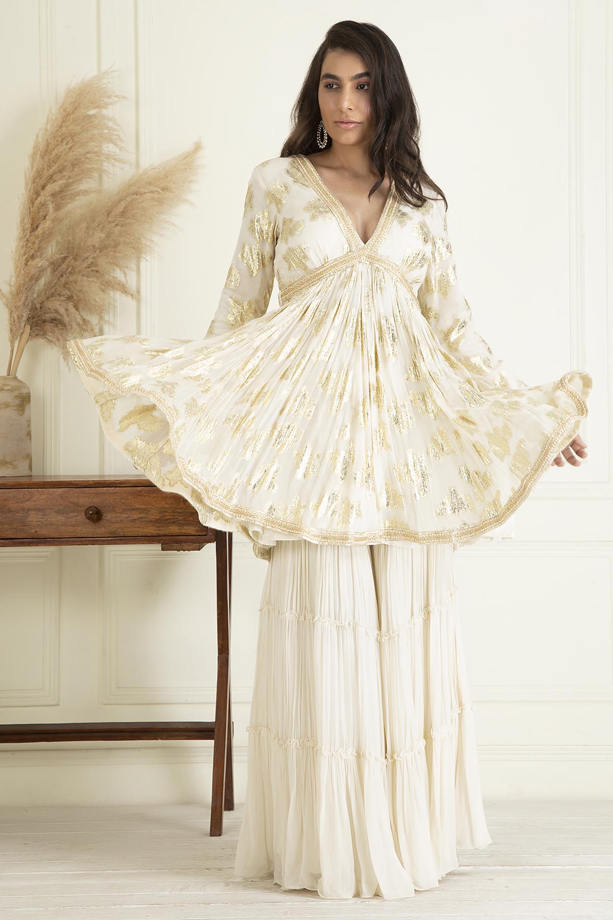 Ivory V-Neck Peplum Kurta Set