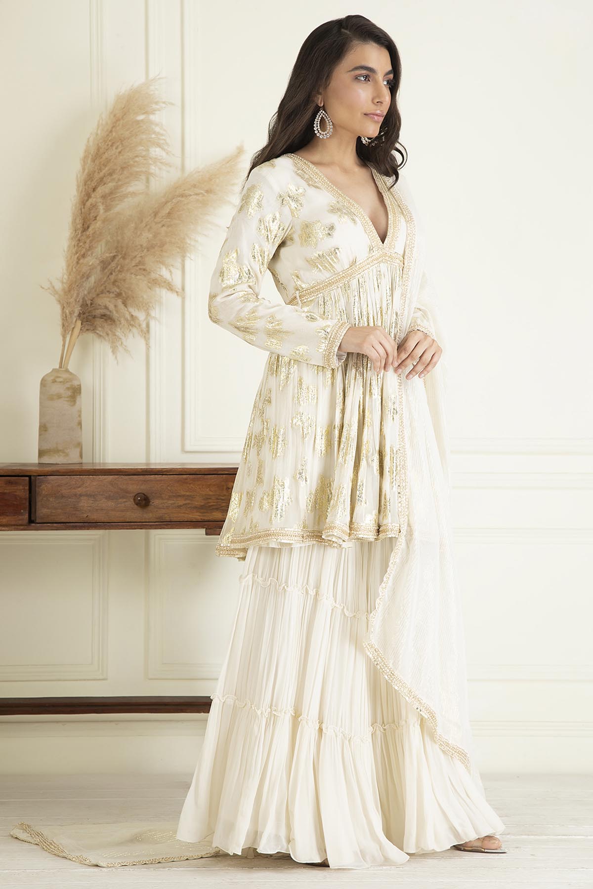 Ivory V-Neck Peplum Kurta Set