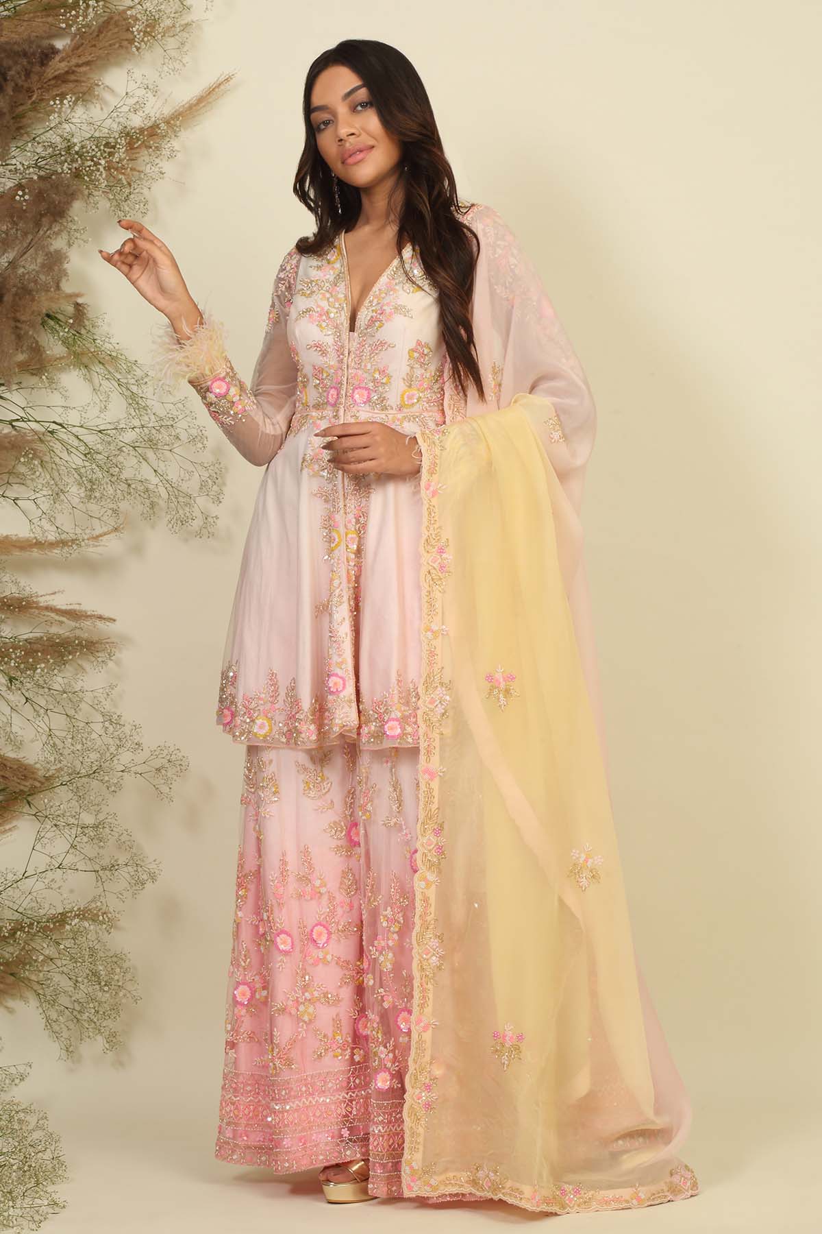 Peplum Floral Kurta Sharara Set