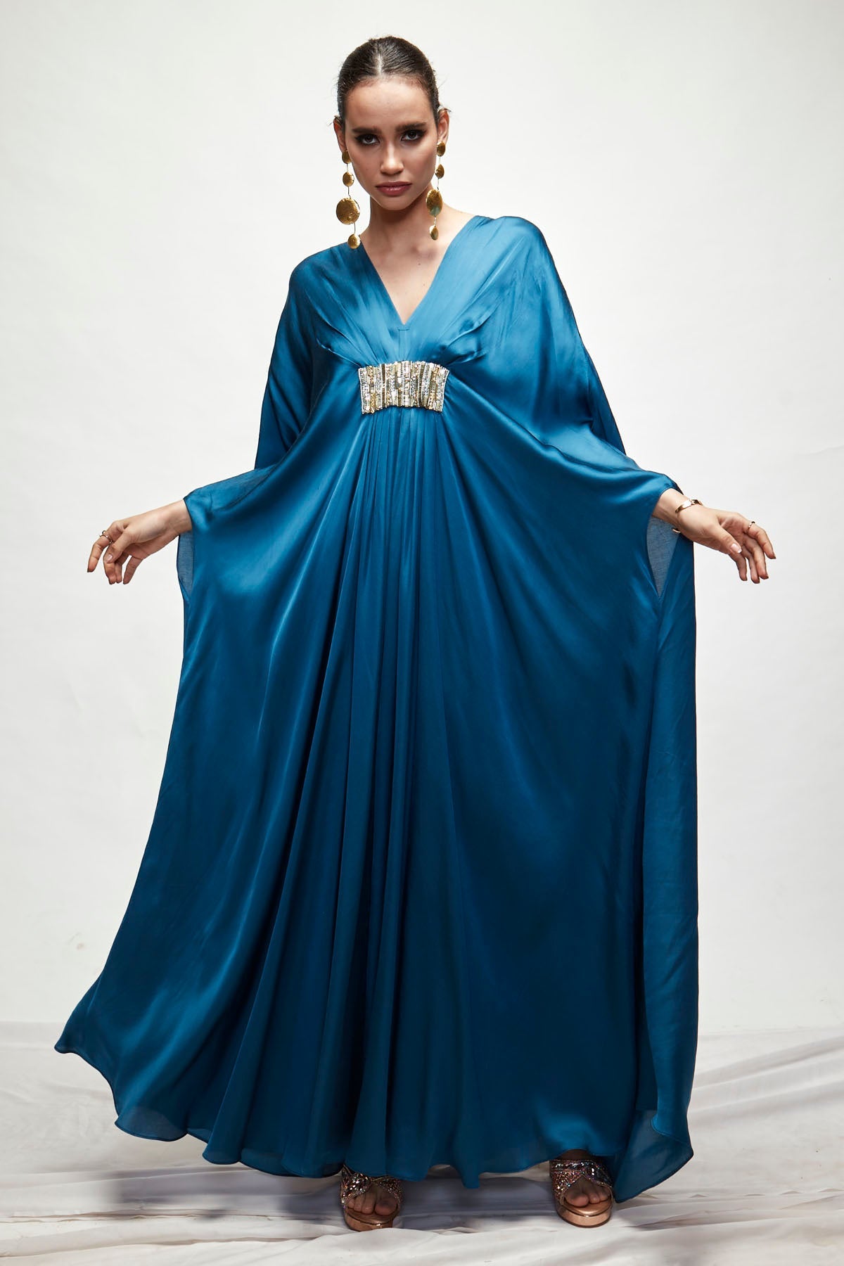 Designer Ranian Persian blue silk kaftan with front pleat detailing and beads embroidery For women Online at ScrollnShops