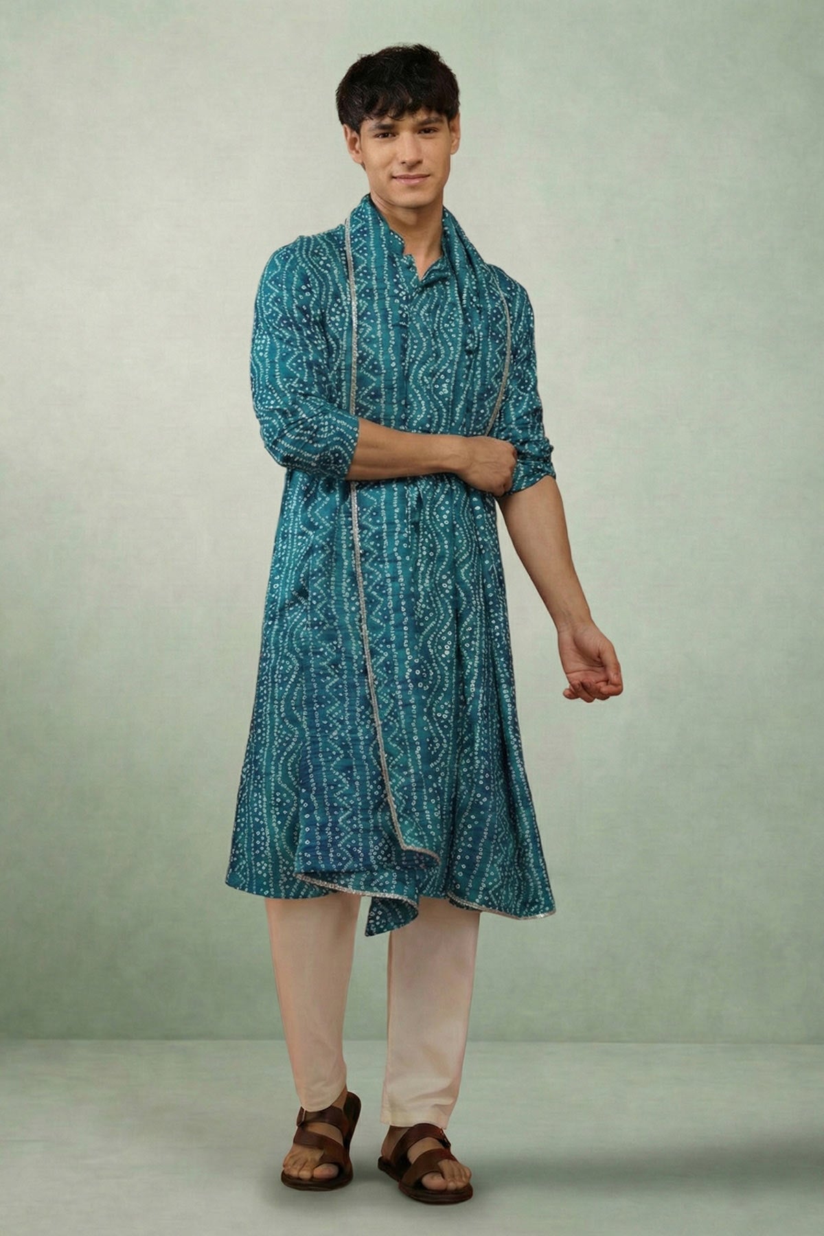 Buy Petrol Blue Bandhani Kurta Set for women by Priyanka Jain online available at scrollnshops