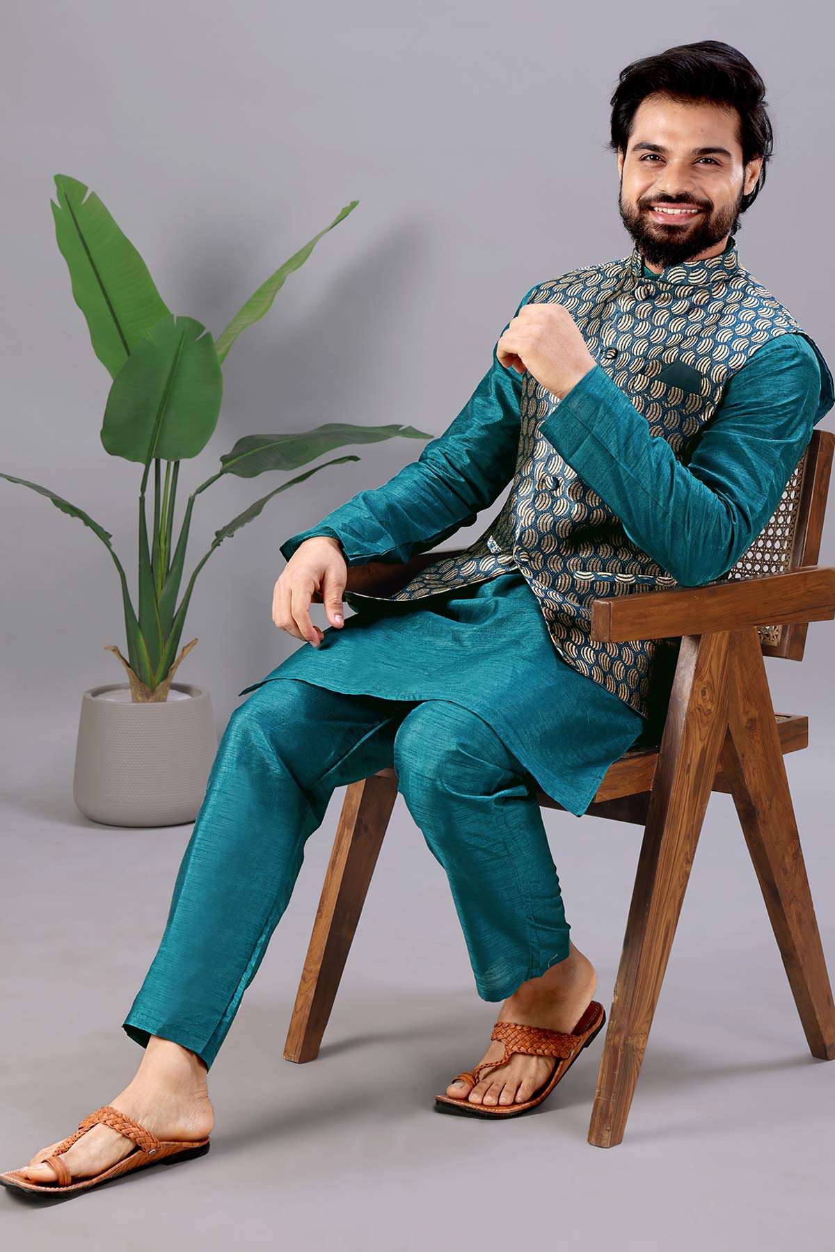 Petrol Blue Cotton Bundi Jacket