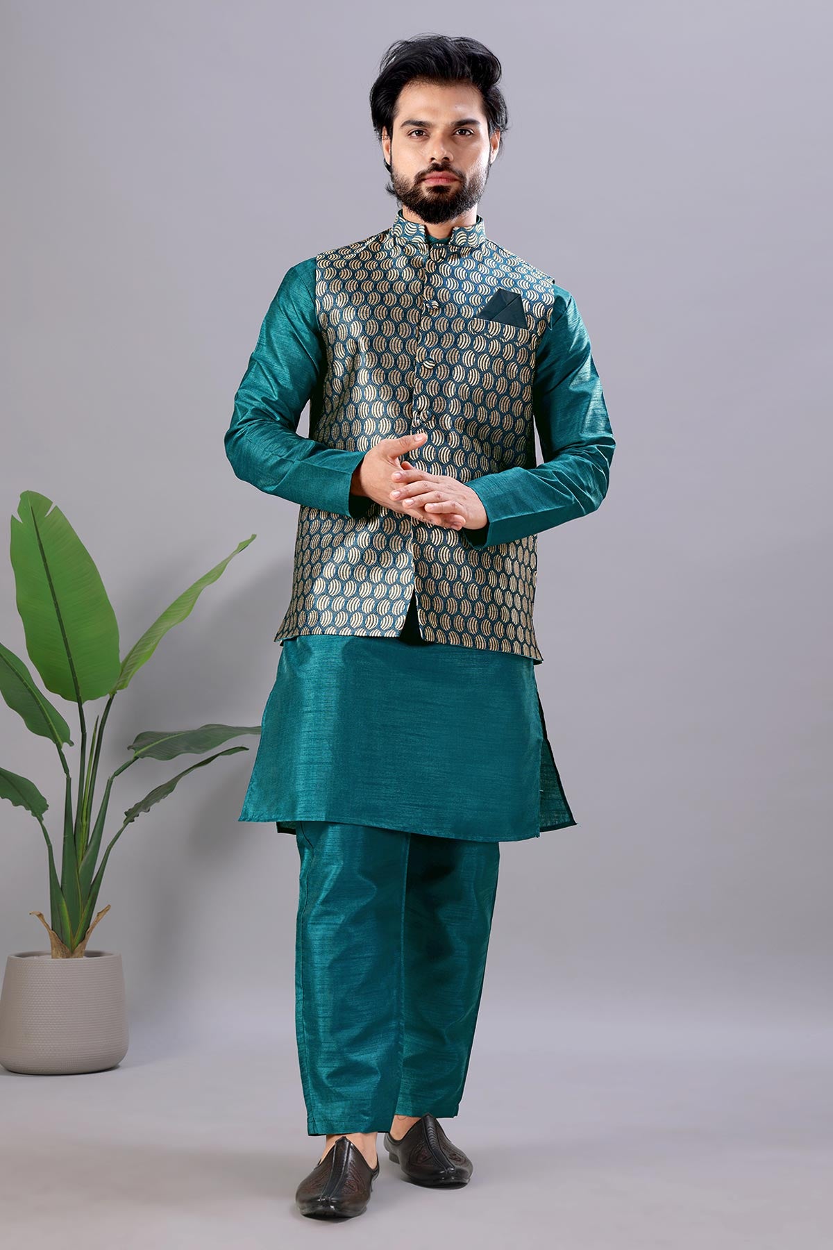 Petrol Blue Cotton Bundi Jacket