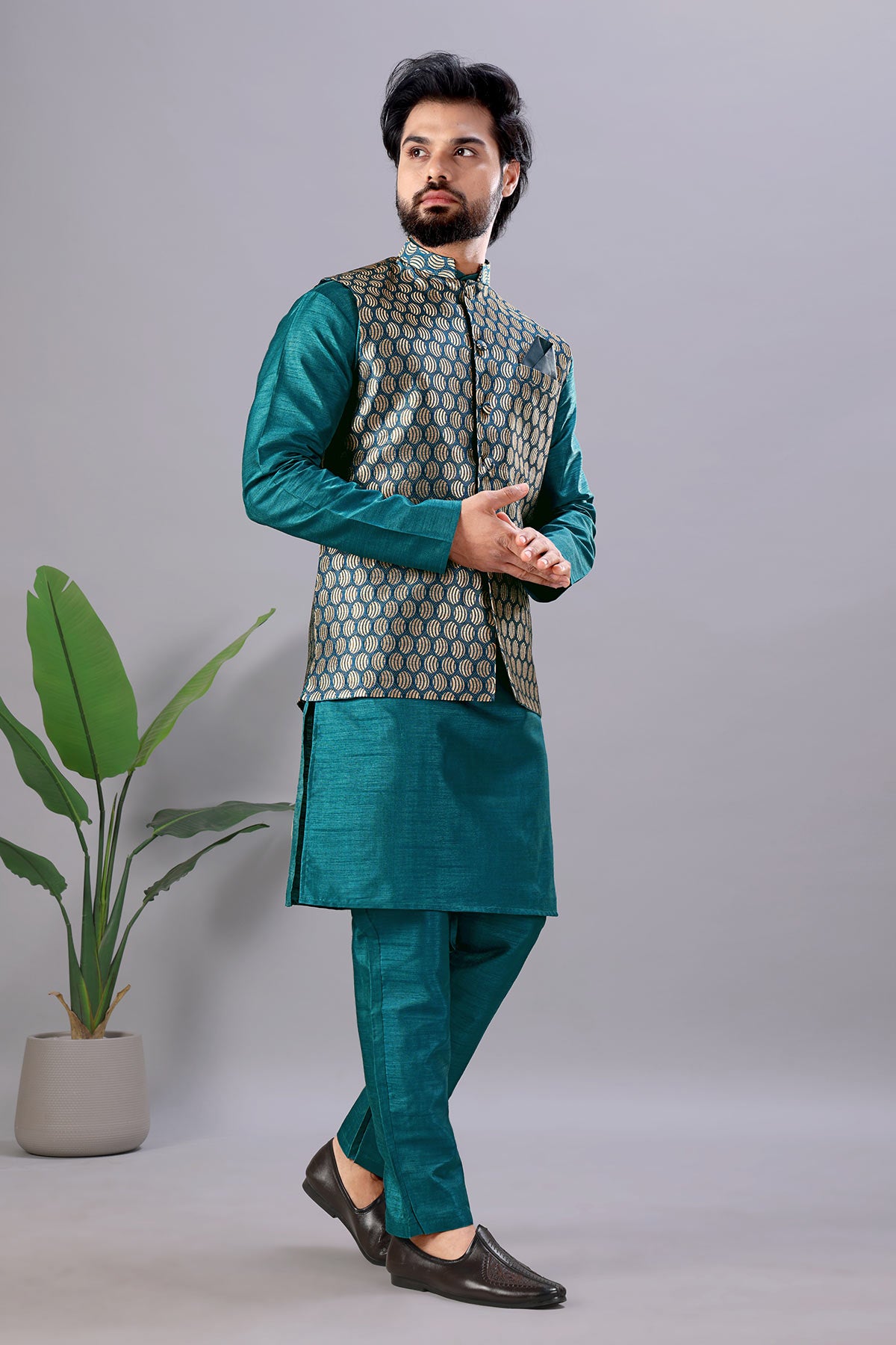 Petrol Blue Cotton Bundi Jacket