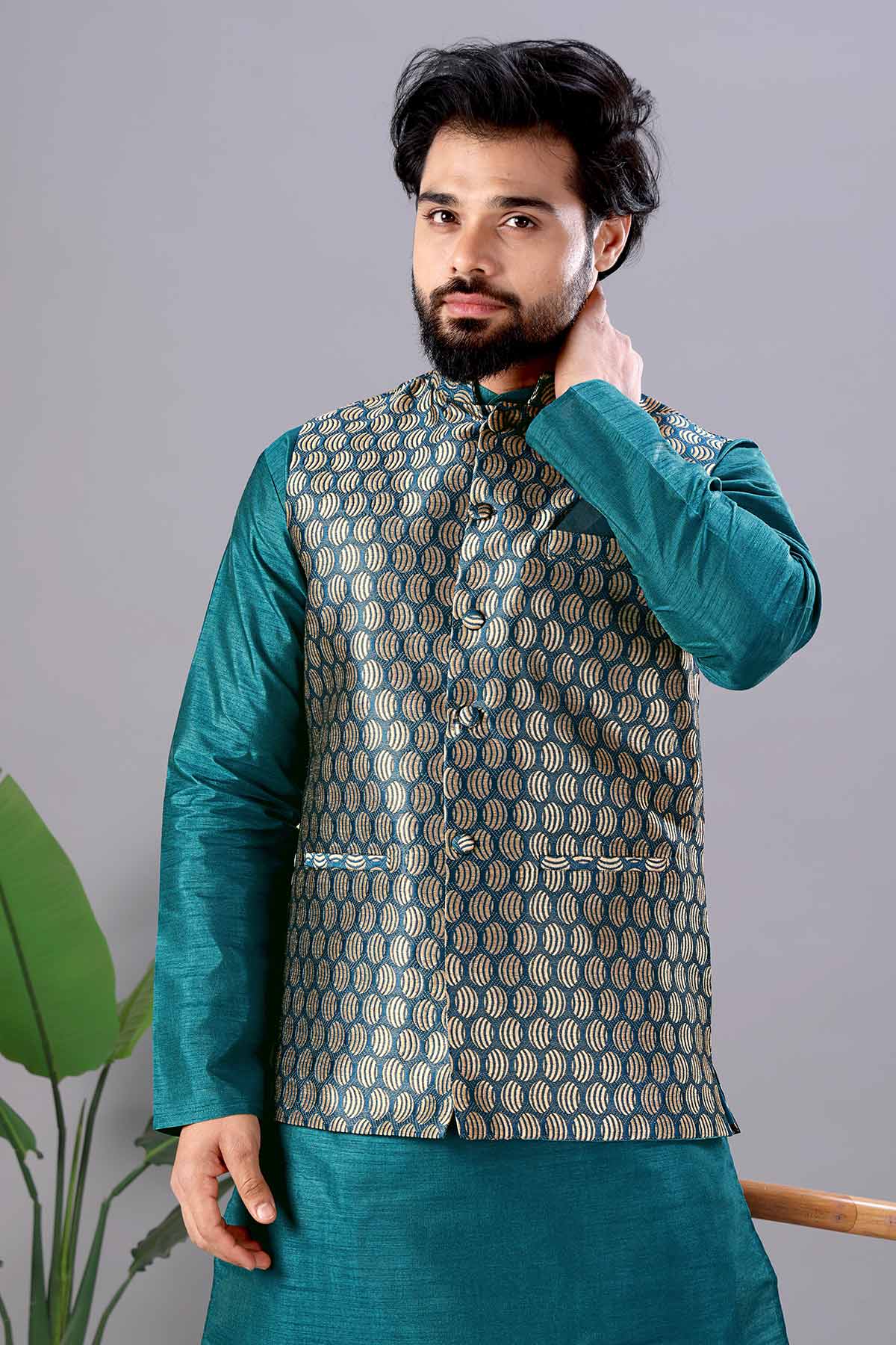 Buy Petrol Blue Cotton Bundi Jacket for men by Aastha Fashion online available at scrollnshops