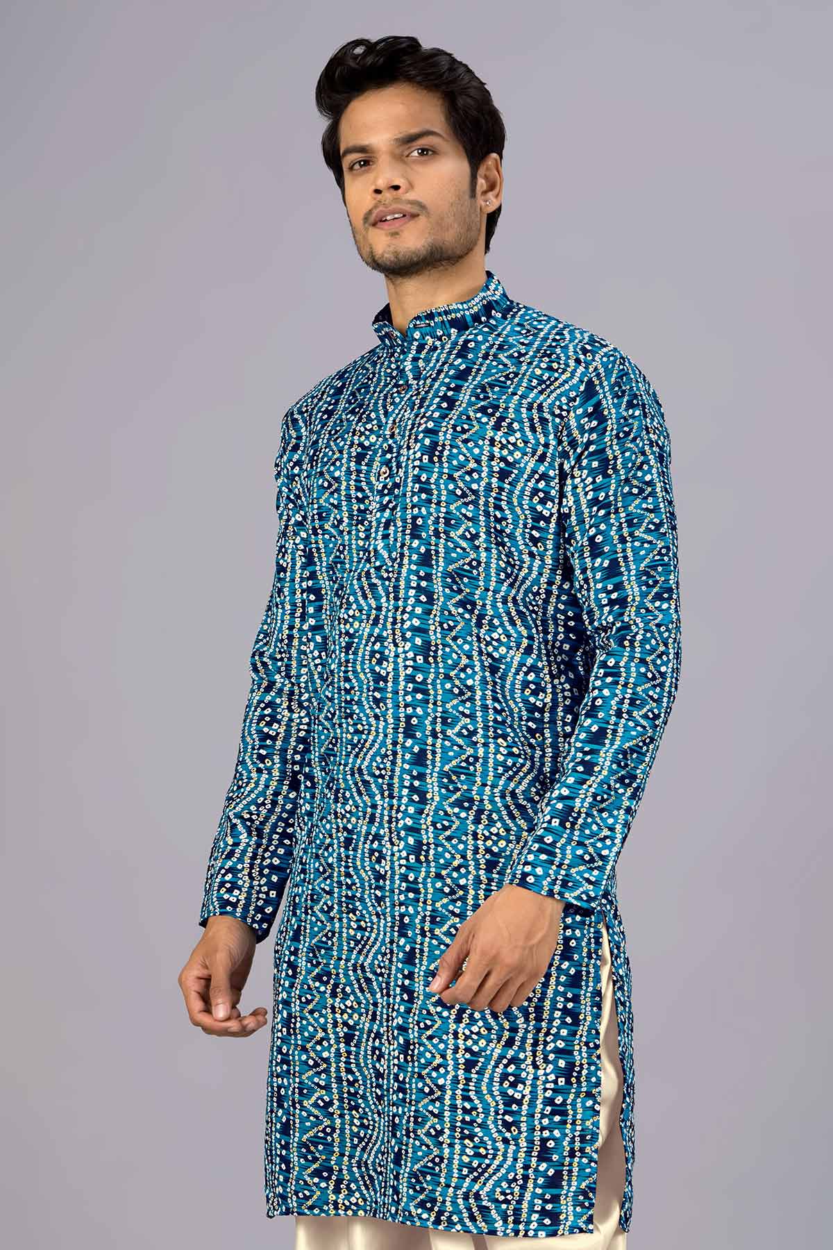 Petrol Blue Cotton Print Kurta