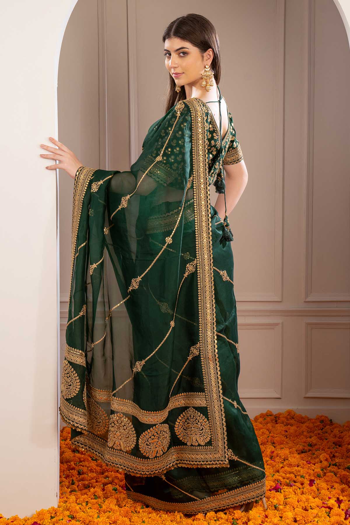 Pine Green Embroidered Saree