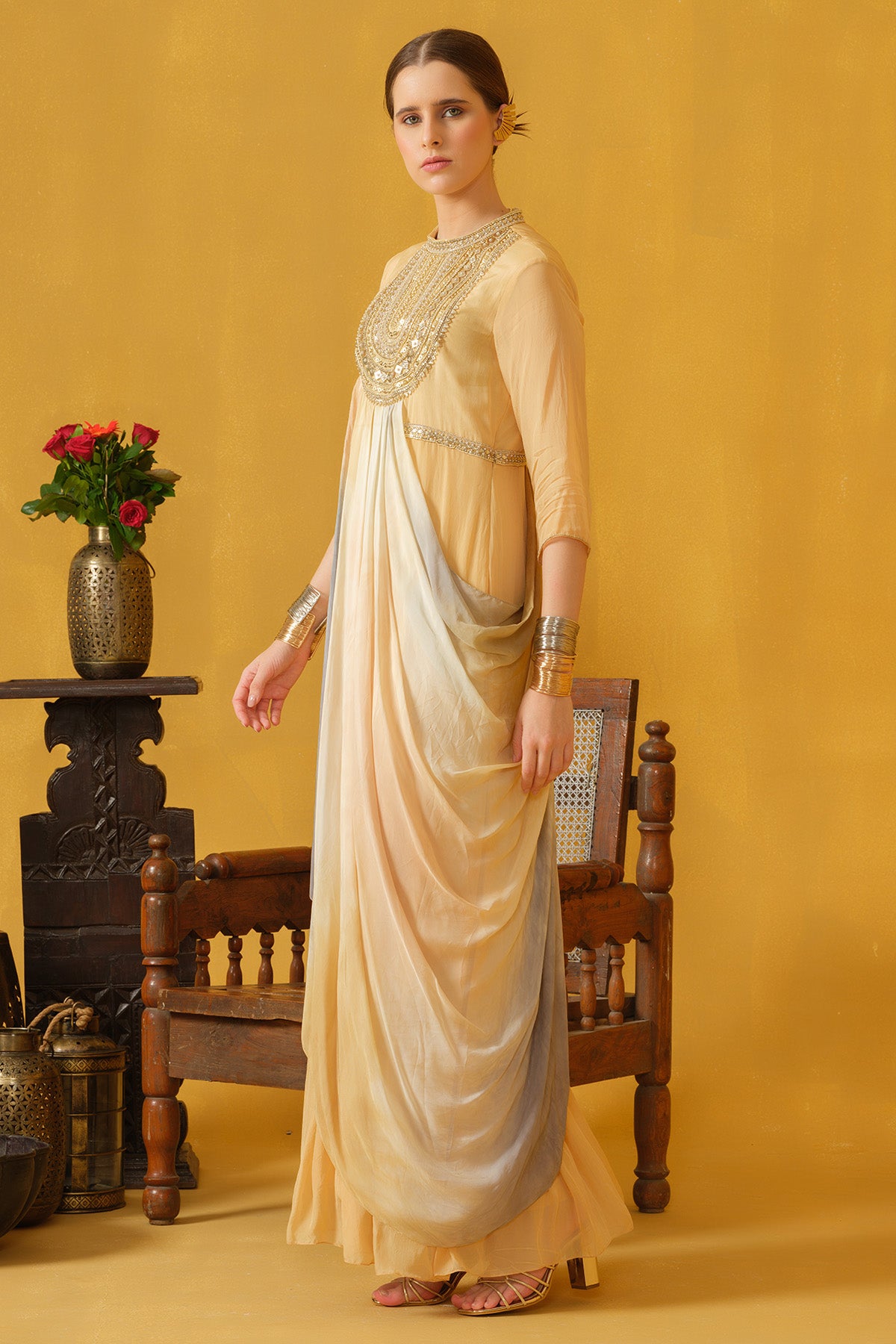 Pine Chiffon Ombre Drape Dress