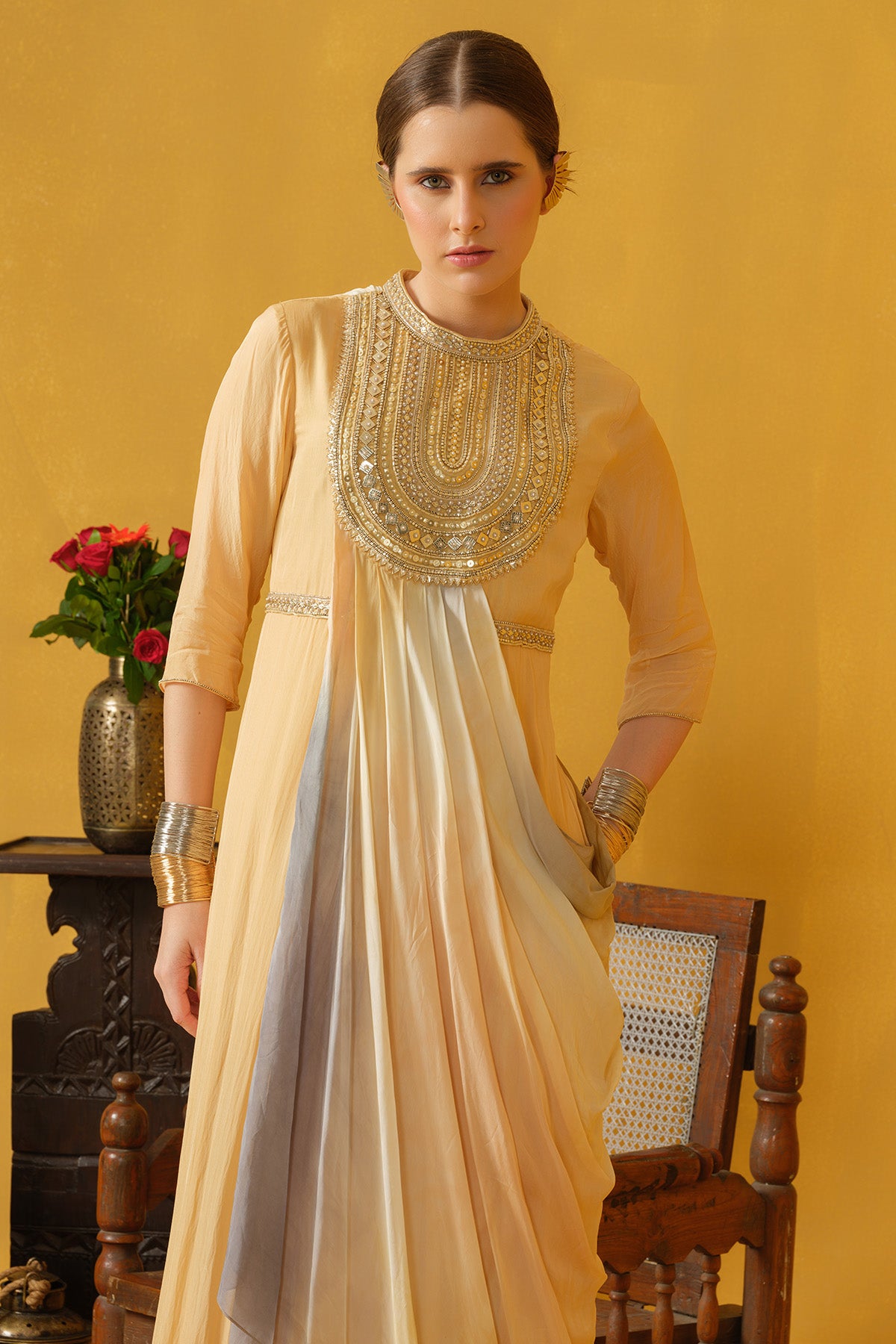 Pine Chiffon Ombre Drape Dress