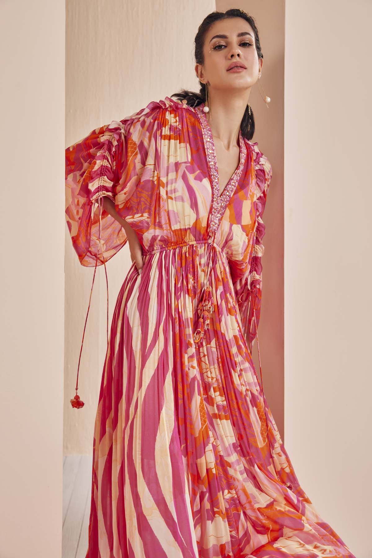 Pink Abstract Print Pleated Kaftan