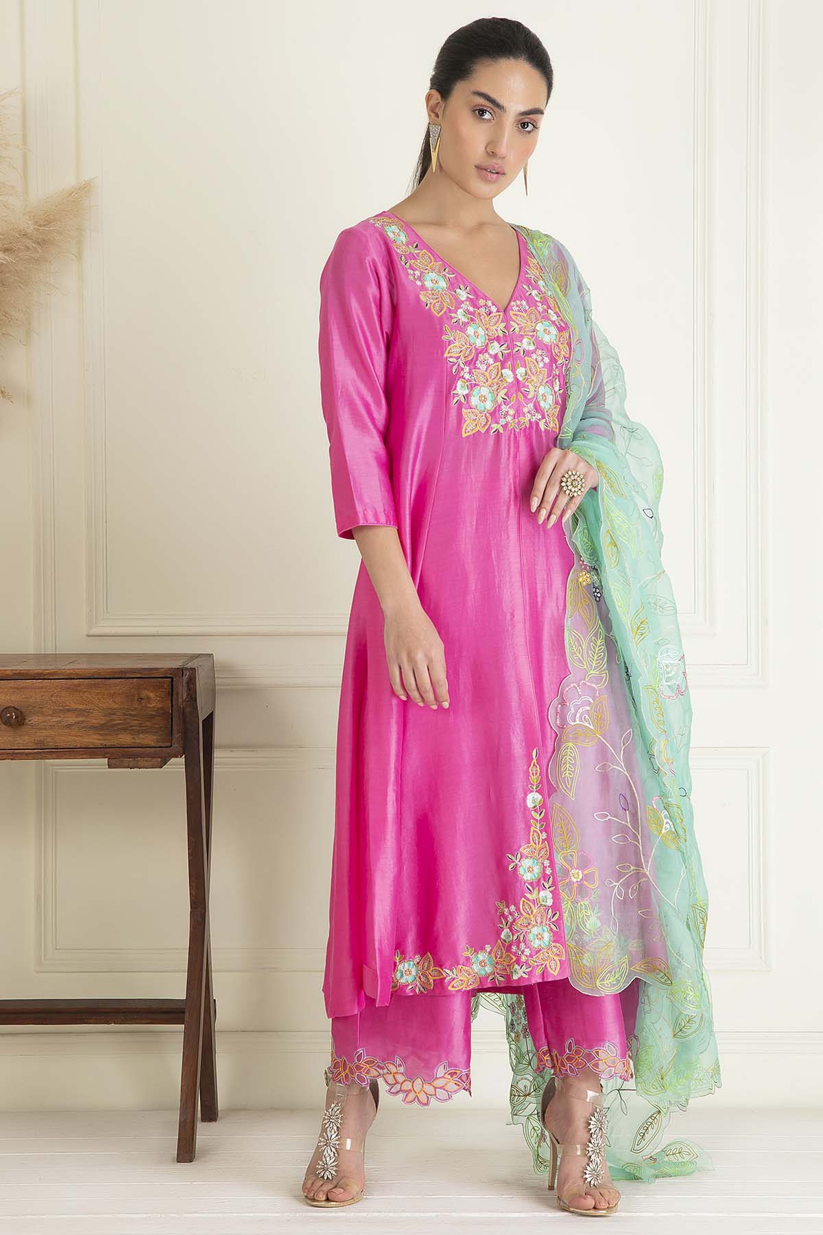 Pink Chanderi Anarkali Set