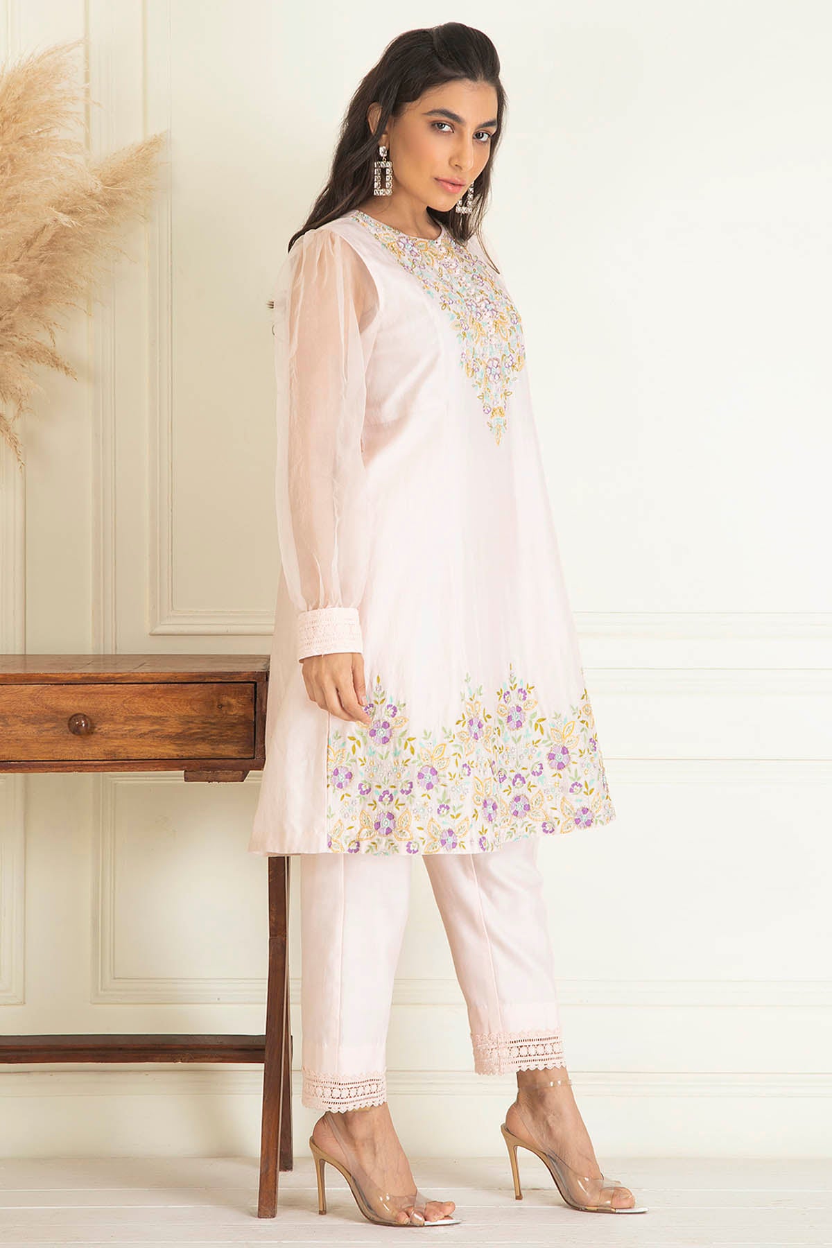Pink Chanderi Flared Kurta Set
