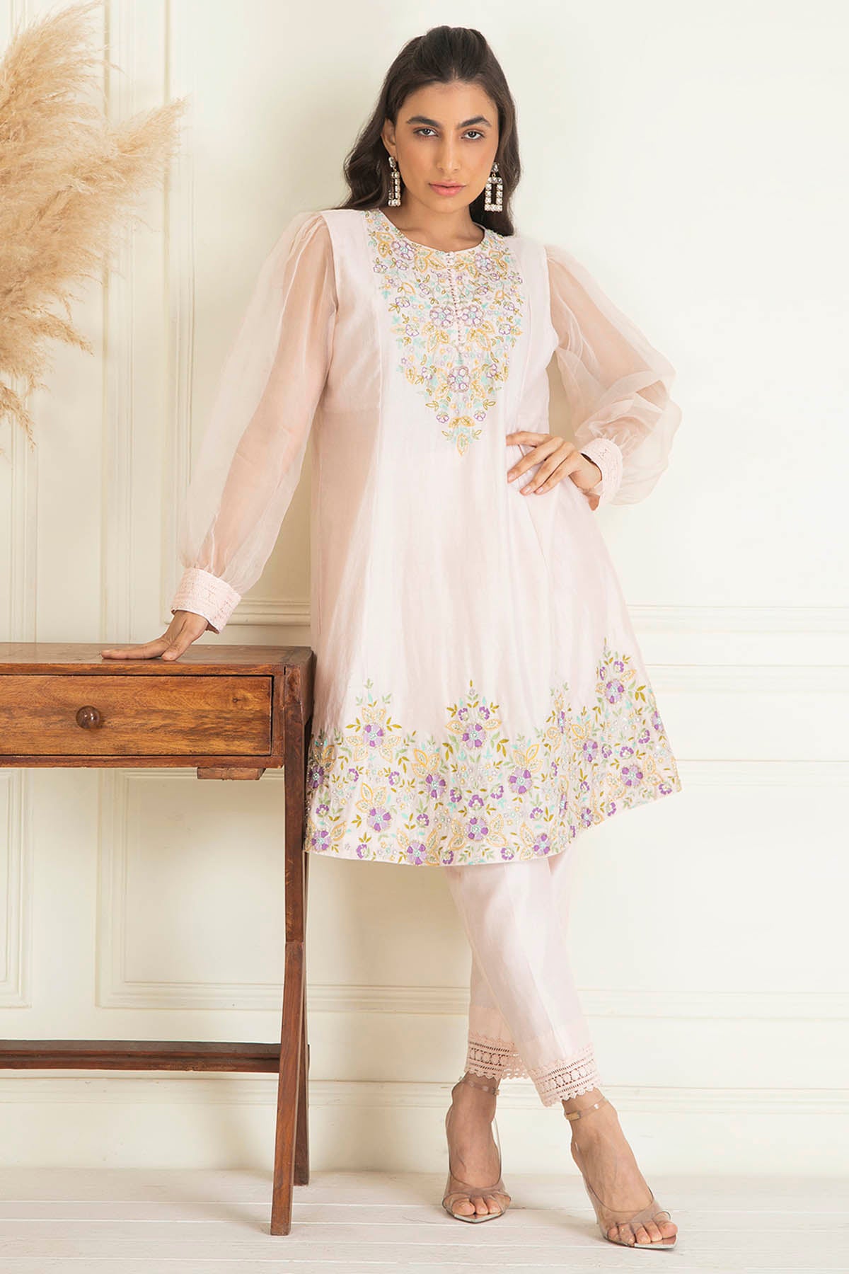 Pink Chanderi Flared Kurta Set