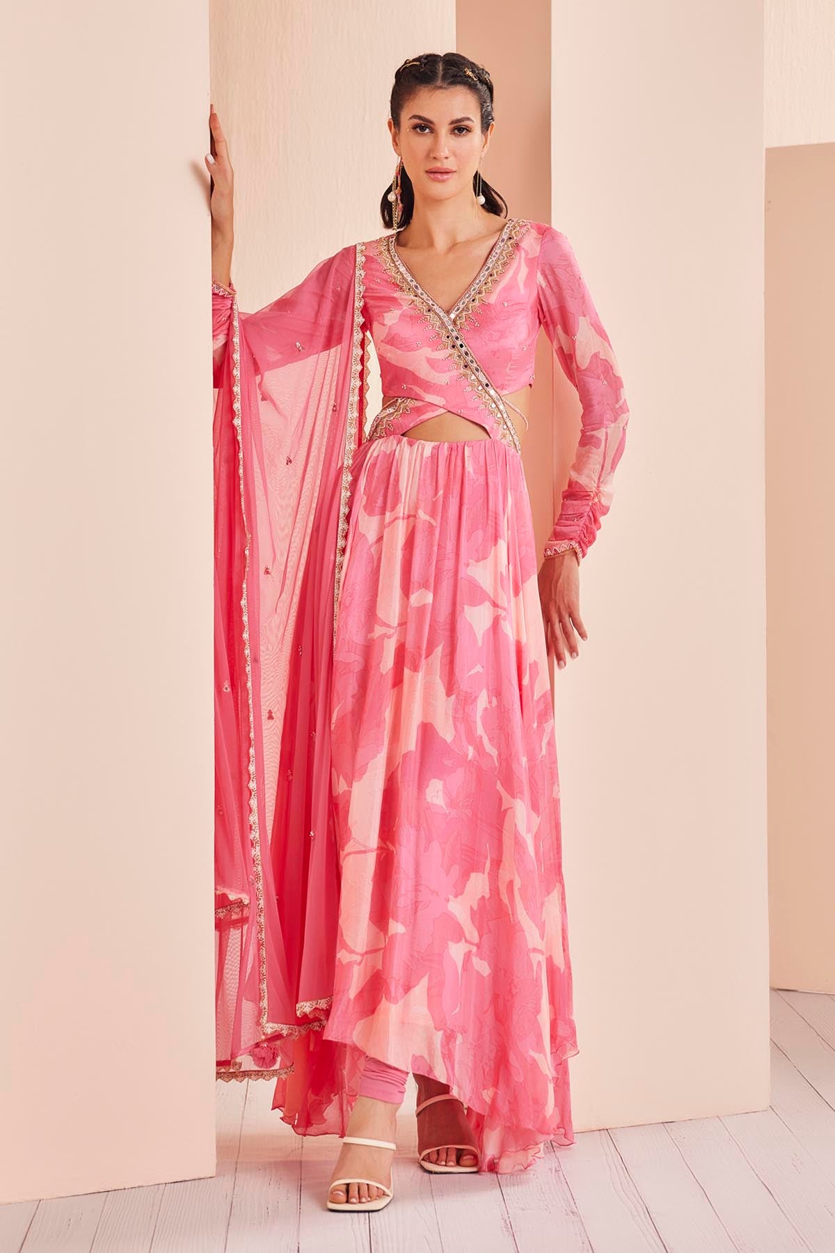 Pink Chiffon Abstract Print Anarkali Set