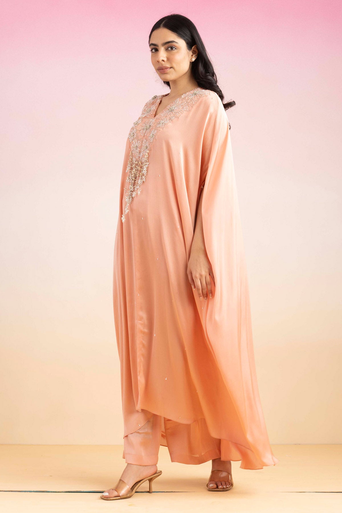 Pink Chiffon Crystal Kaftan Set