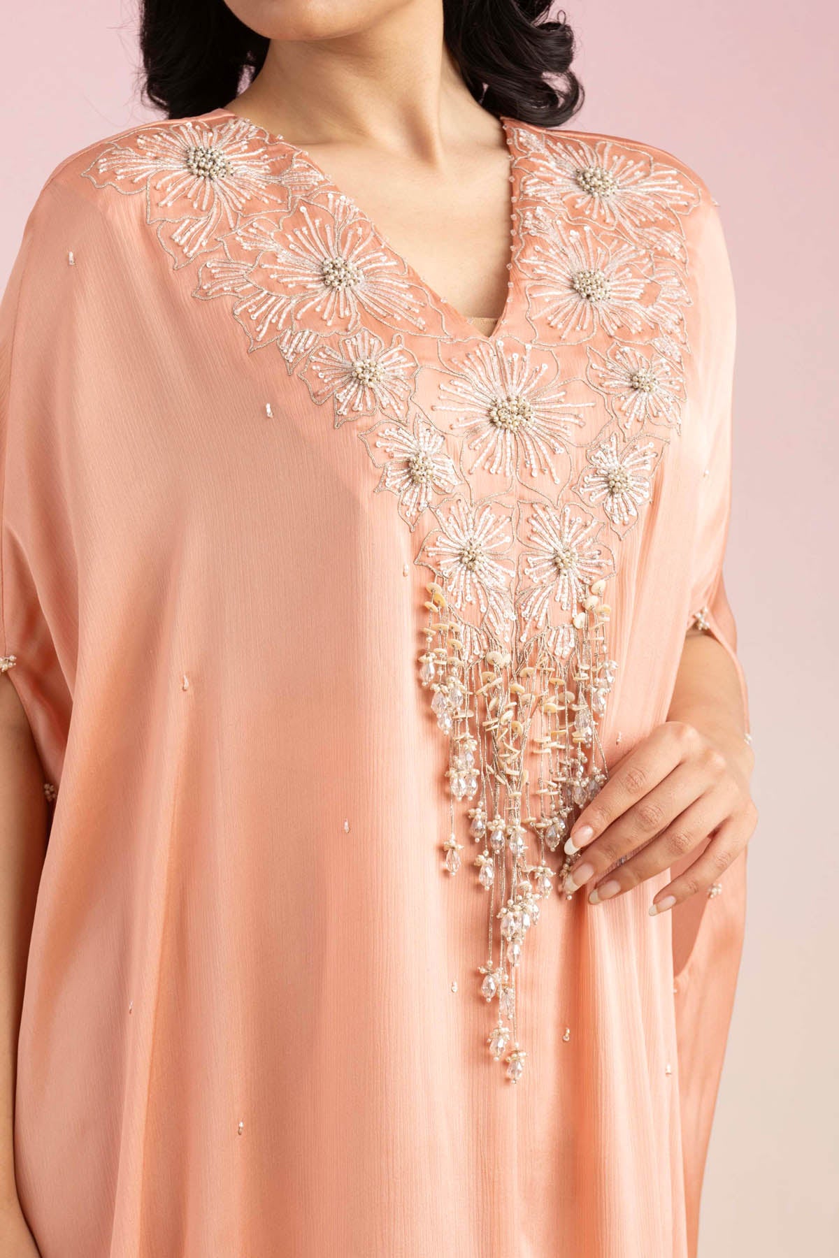 Pink Chiffon Crystal Kaftan Set