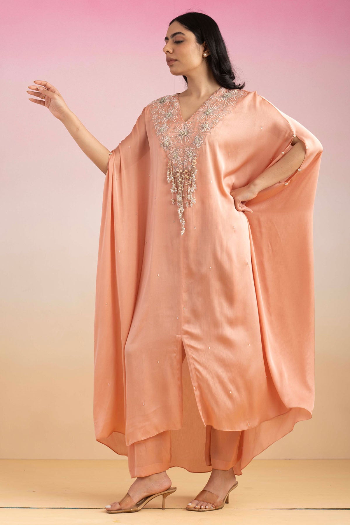 Pink Chiffon Crystal Kaftan Set