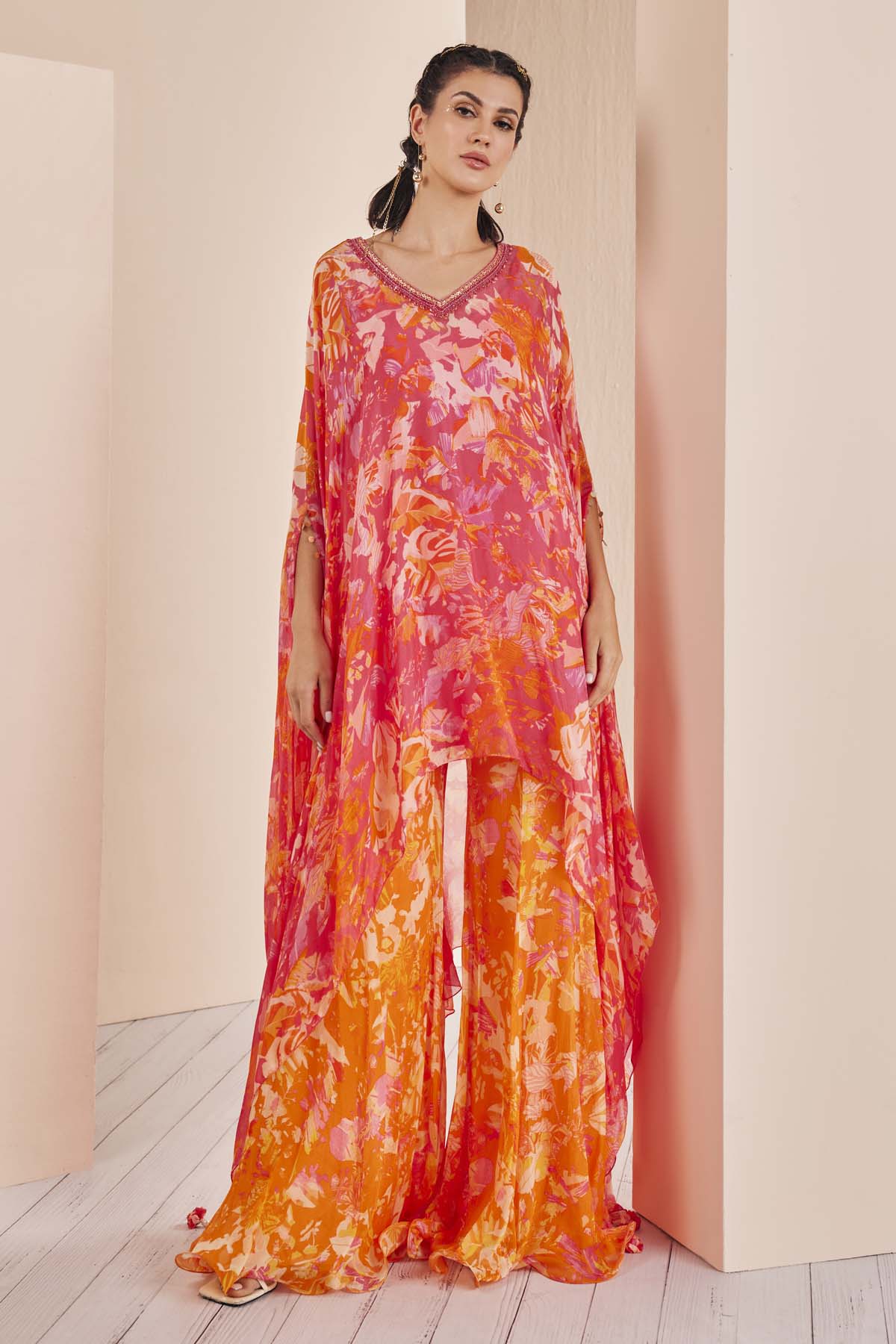 Pink Chiffon Embroidered Kaftan Set