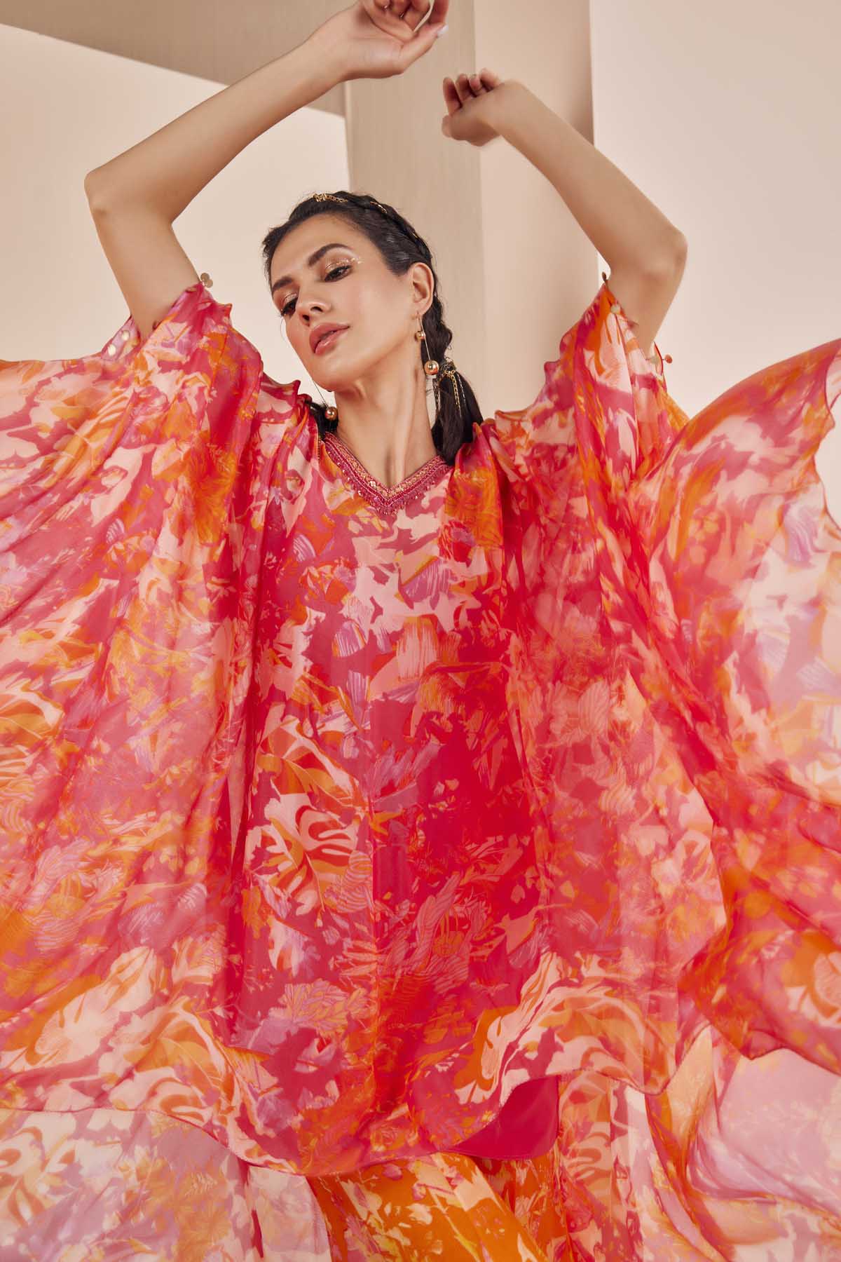 Pink Chiffon Embroidered Kaftan Set