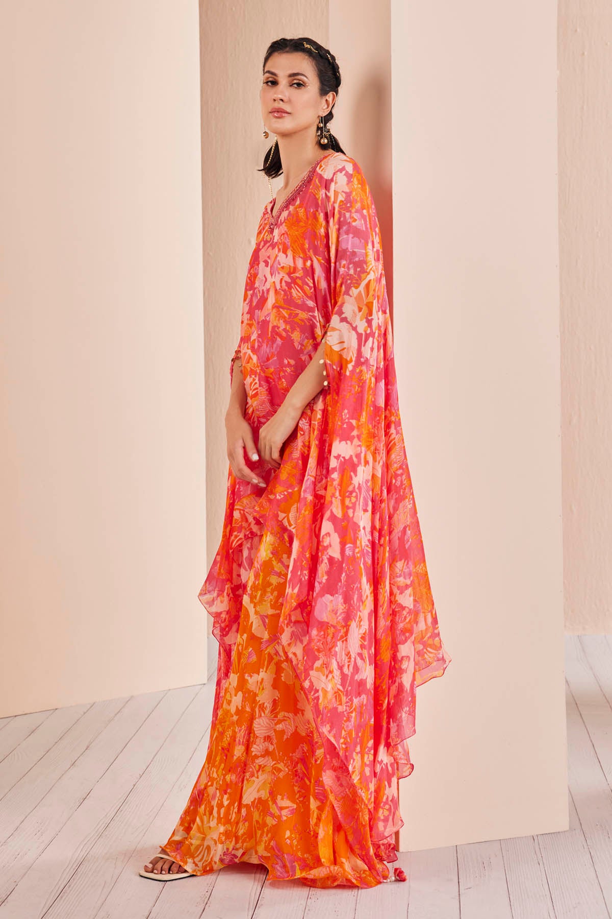 Pink Chiffon Embroidered Kaftan Set