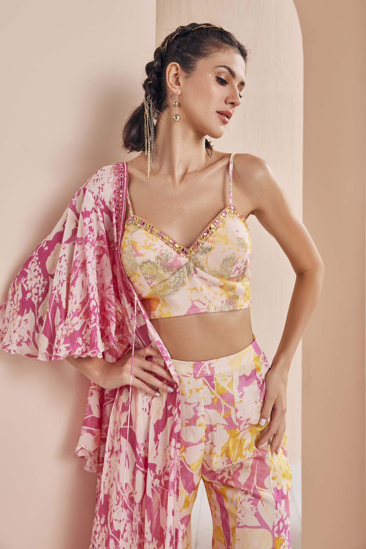 Pink Chiffon Floral Cape & Sharara Set