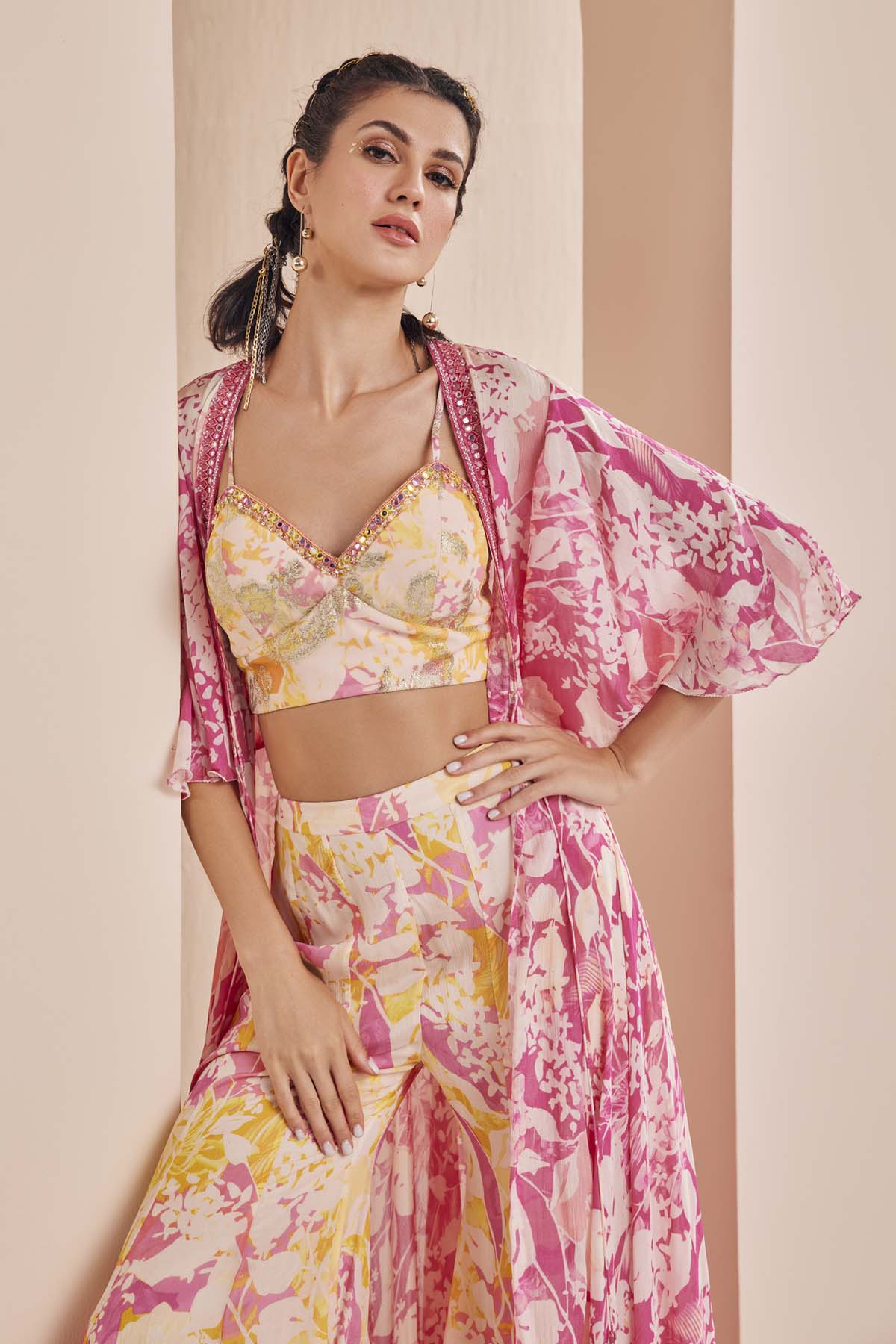 Pink Chiffon Floral Cape & Sharara Set