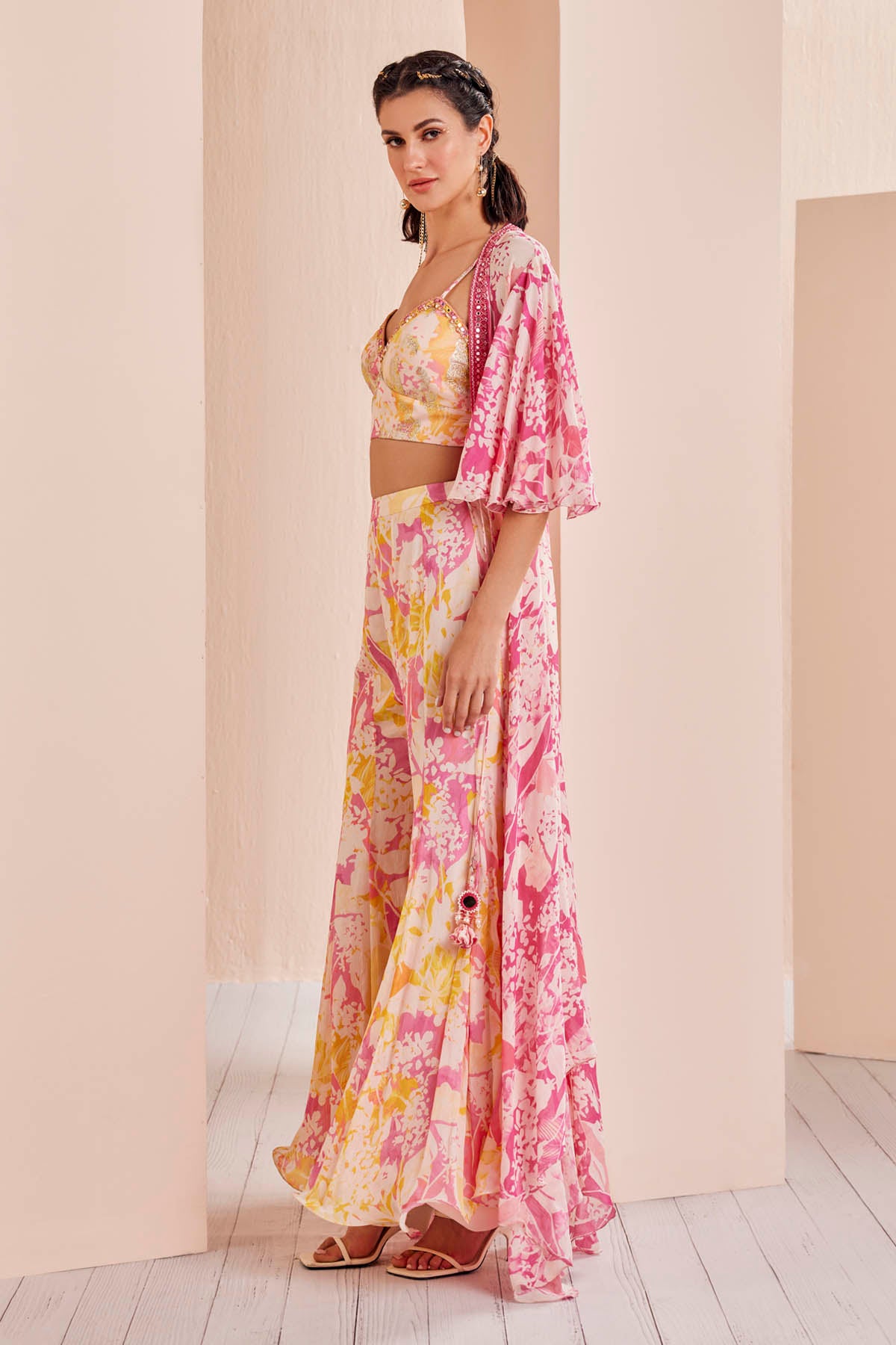 Pink Chiffon Floral Cape & Sharara Set