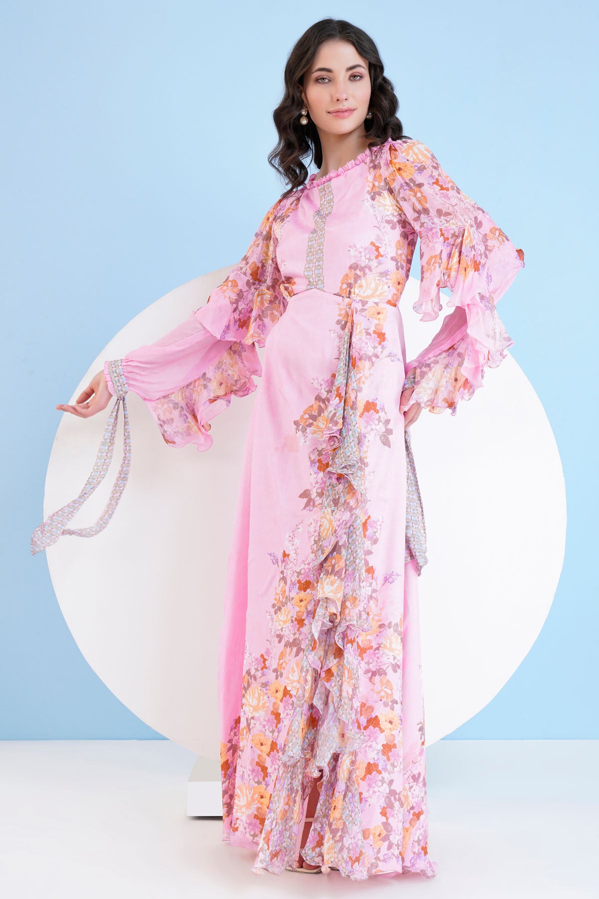 Pink Chiffon Print Long Dress