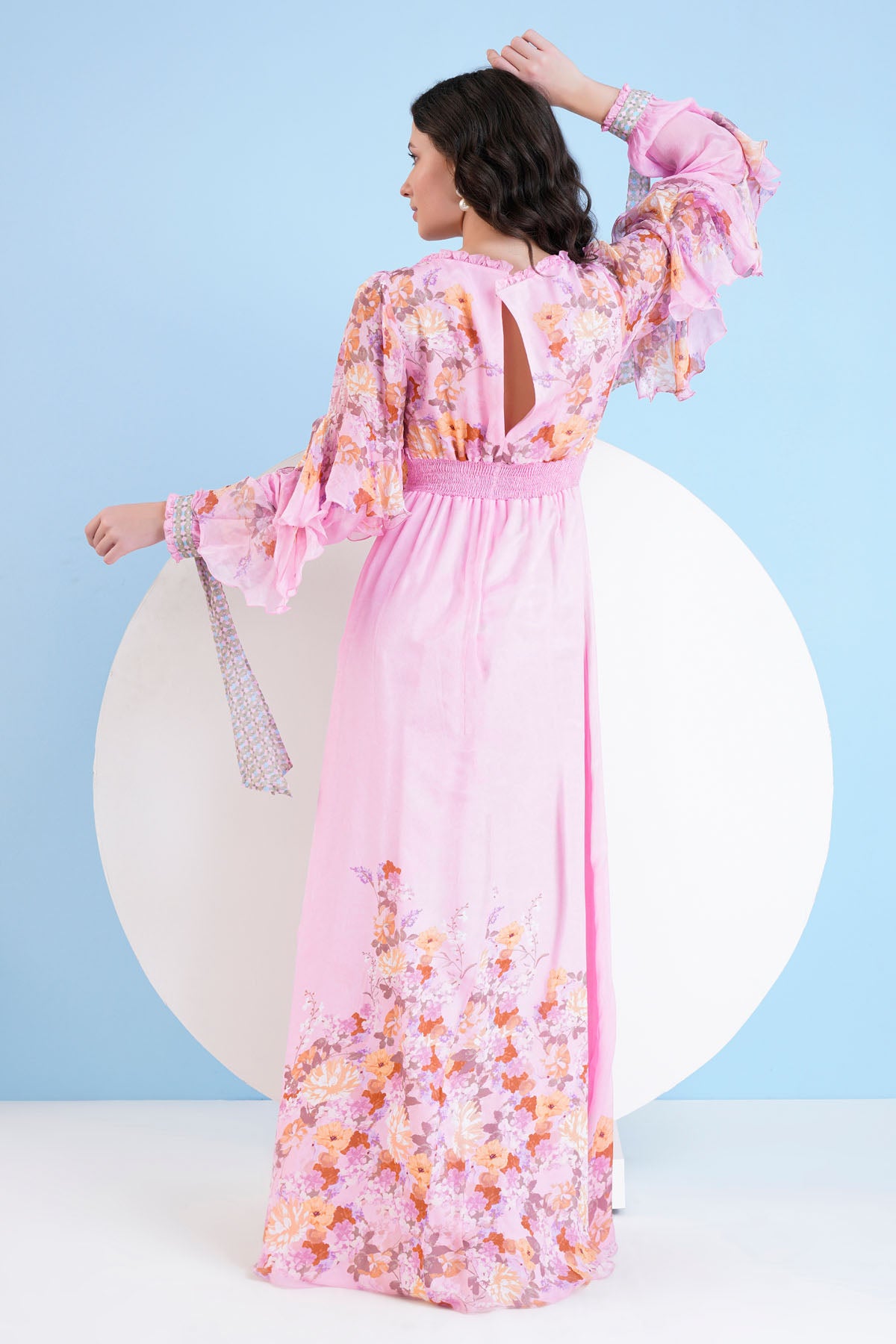 Pink Chiffon Print Long Dress