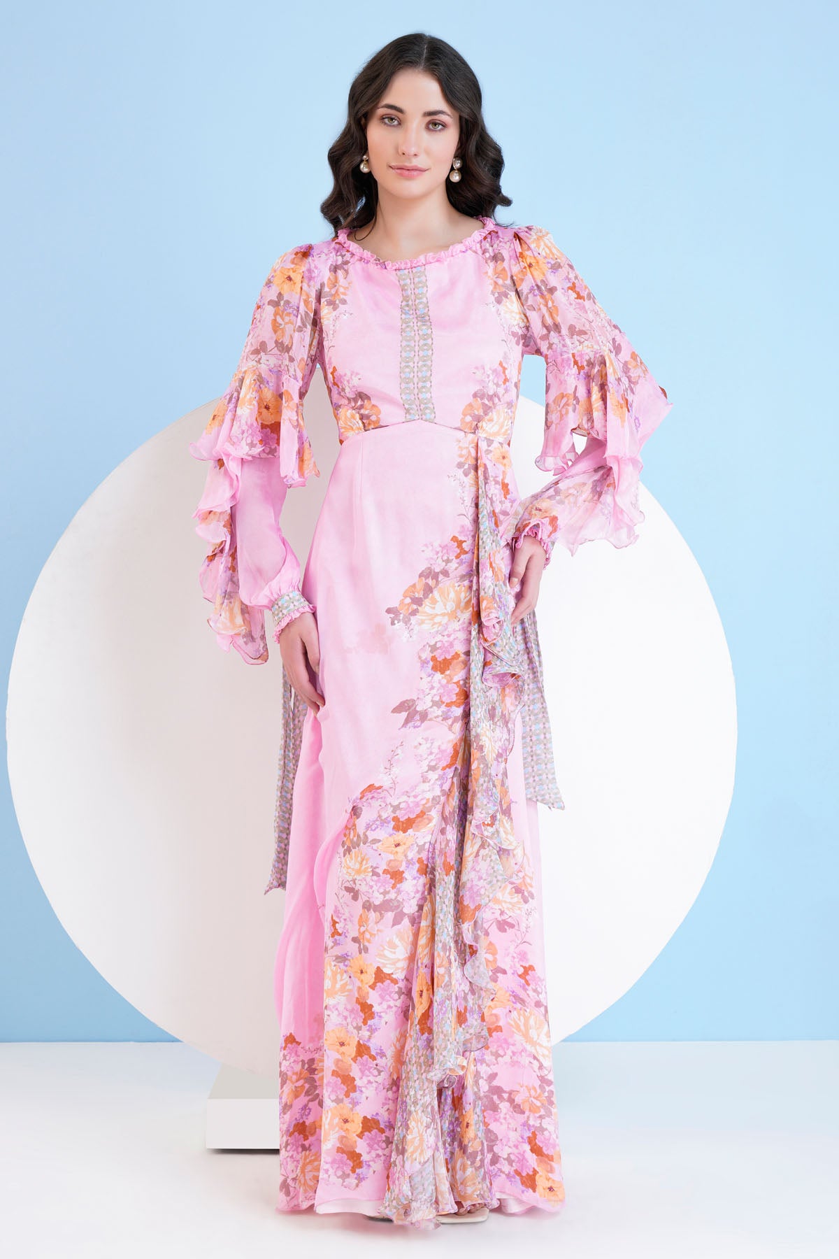Pink Chiffon Print Long Dress