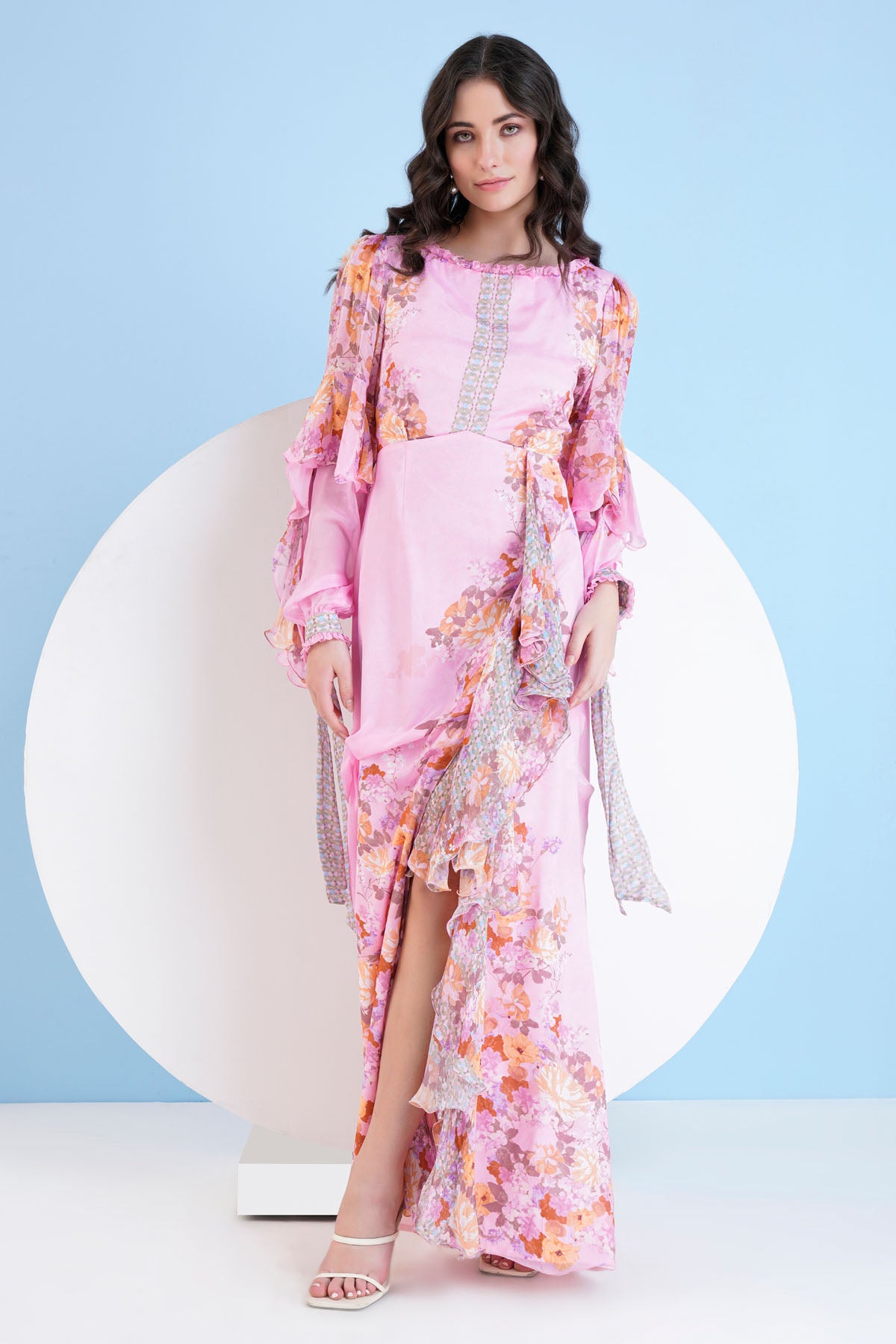 Pink Chiffon Print Long Dress