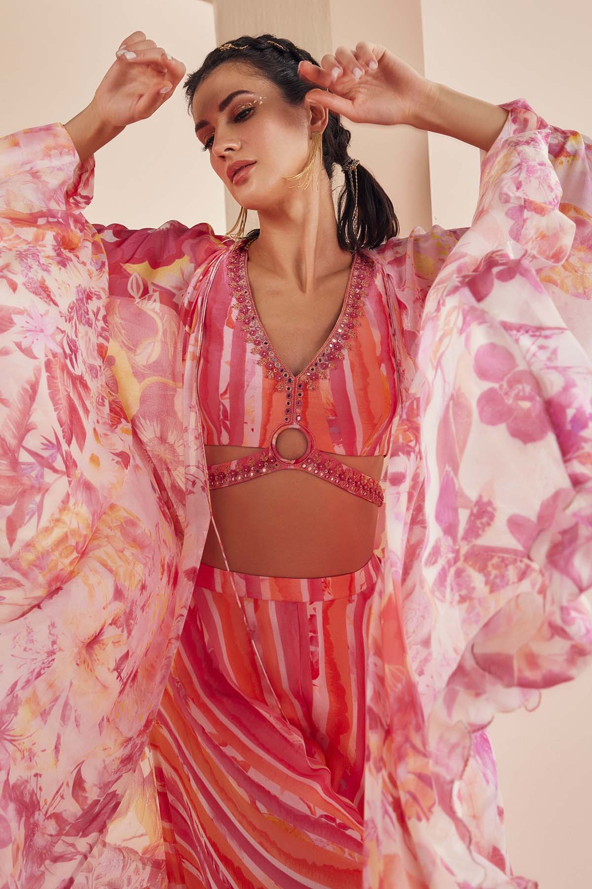 Pink Chiffon Printed Sharara & Cape Set