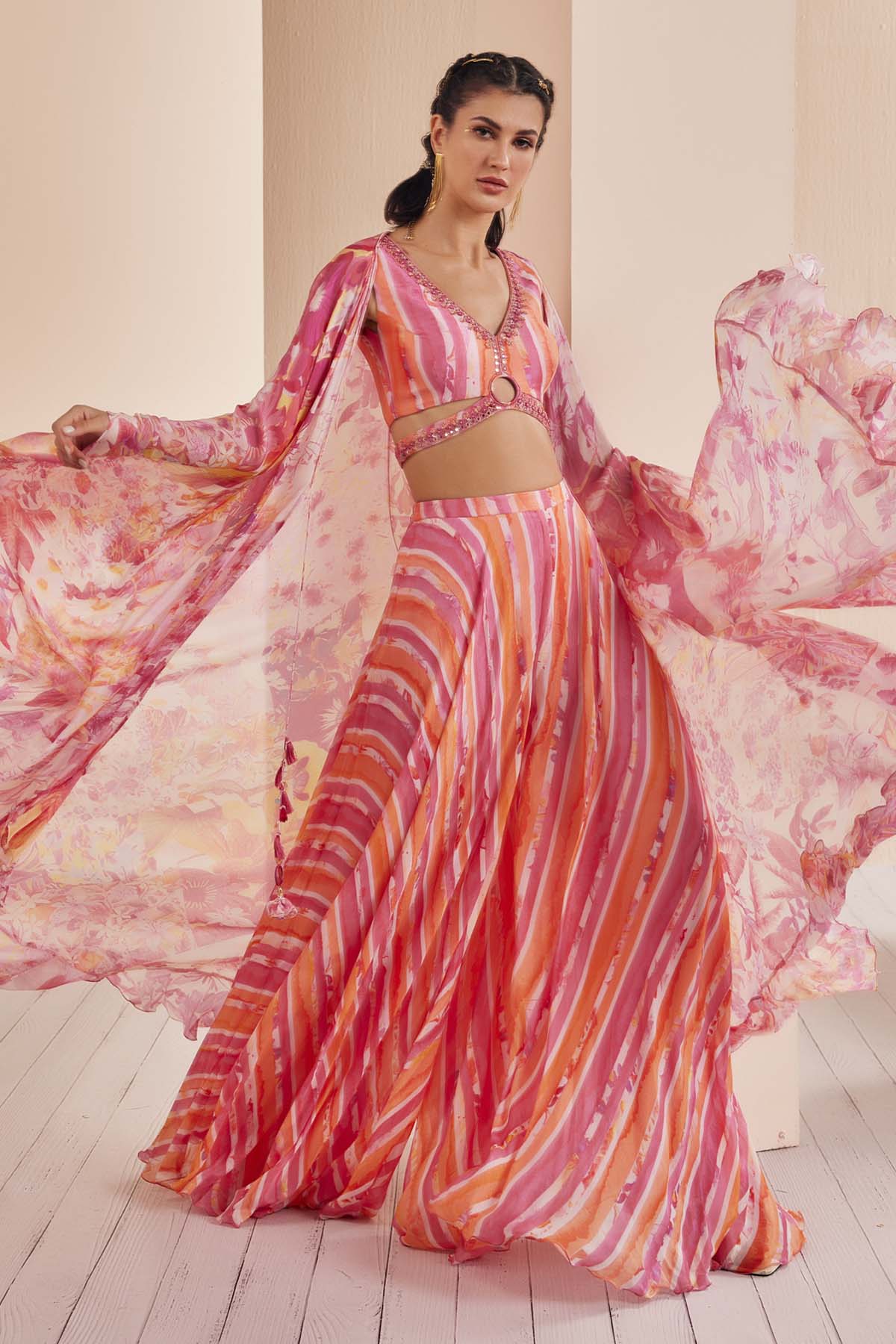 Pink Chiffon Printed Sharara & Cape Set