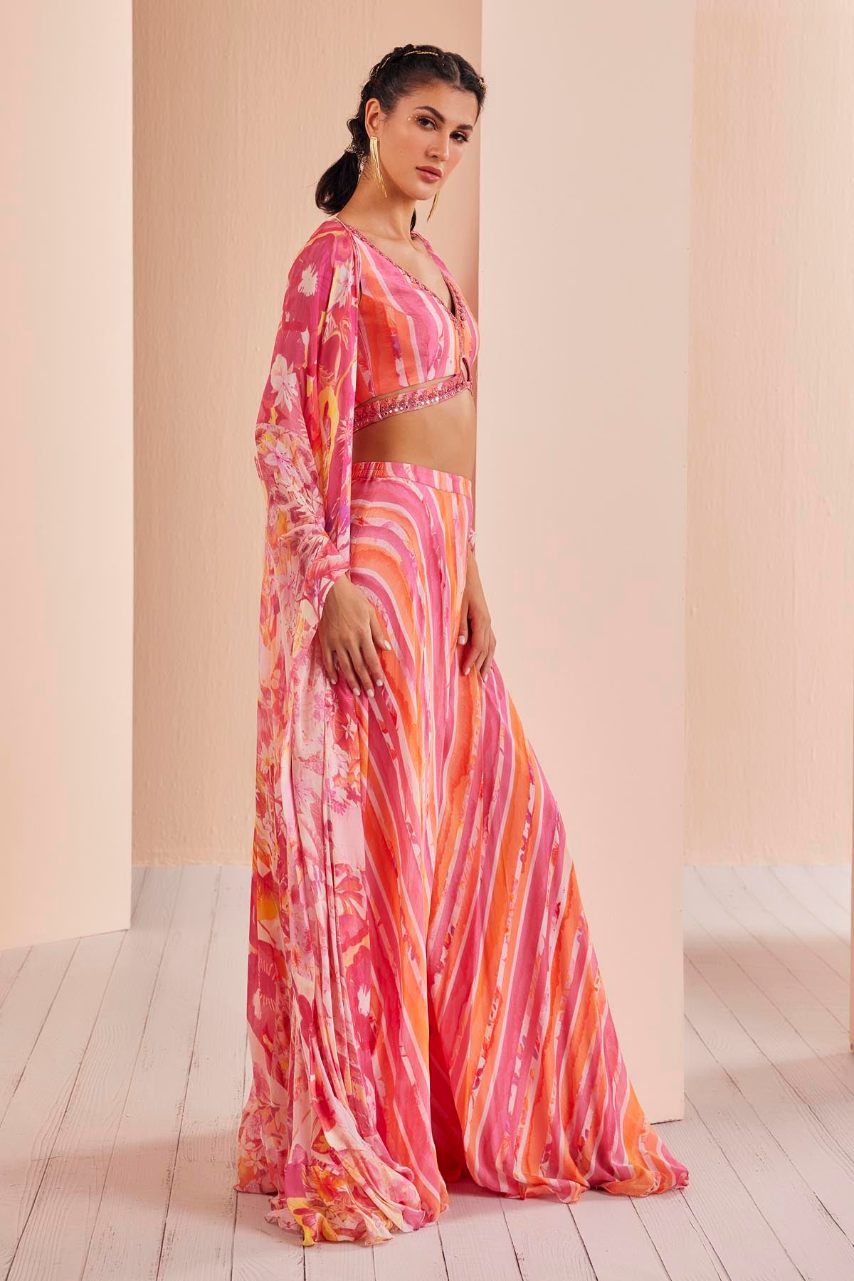 Pink Chiffon Printed Sharara & Cape Set