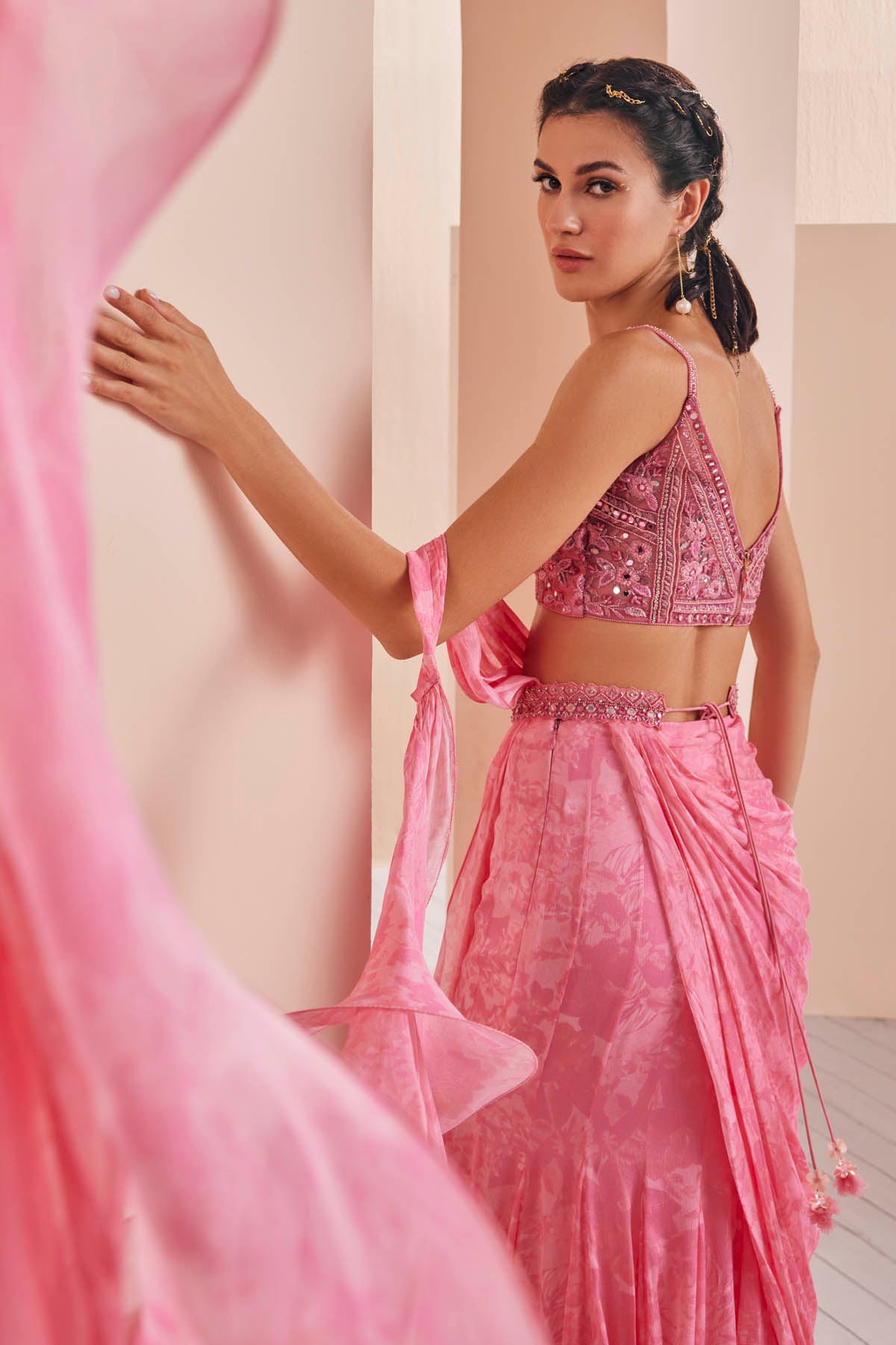 Pink Chiffon Ruffle Draped Saree Set