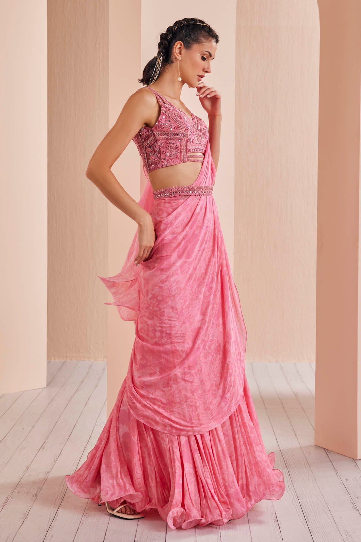 Pink Chiffon Ruffle Draped Saree Set