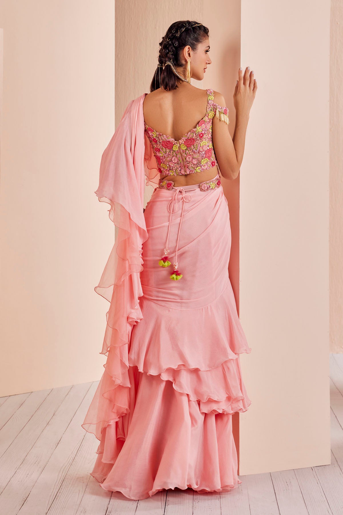 Pink Chiffon Ruffle Pre Drape Saree Set