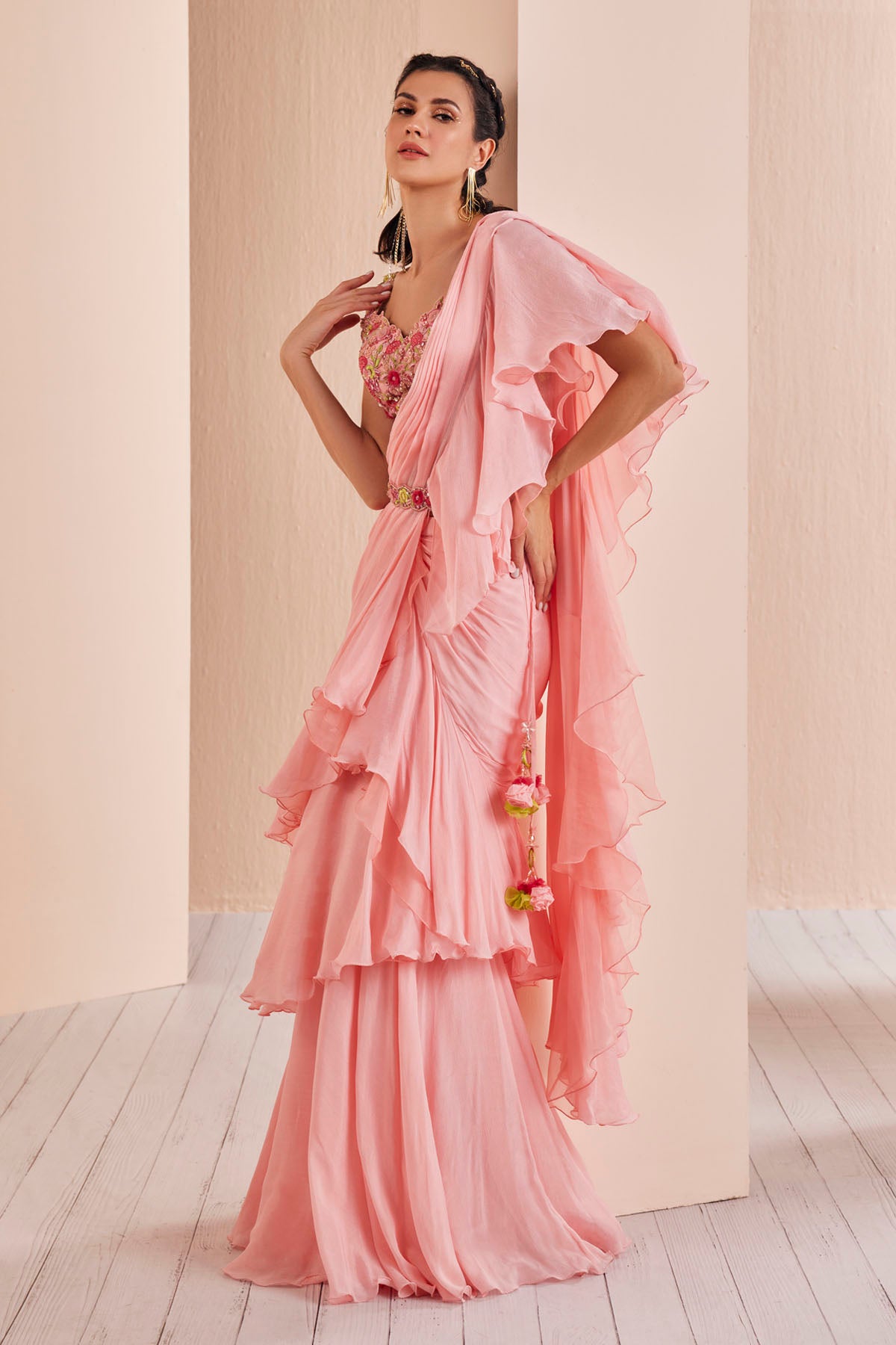 Pink Chiffon Ruffle Pre Drape Saree Set