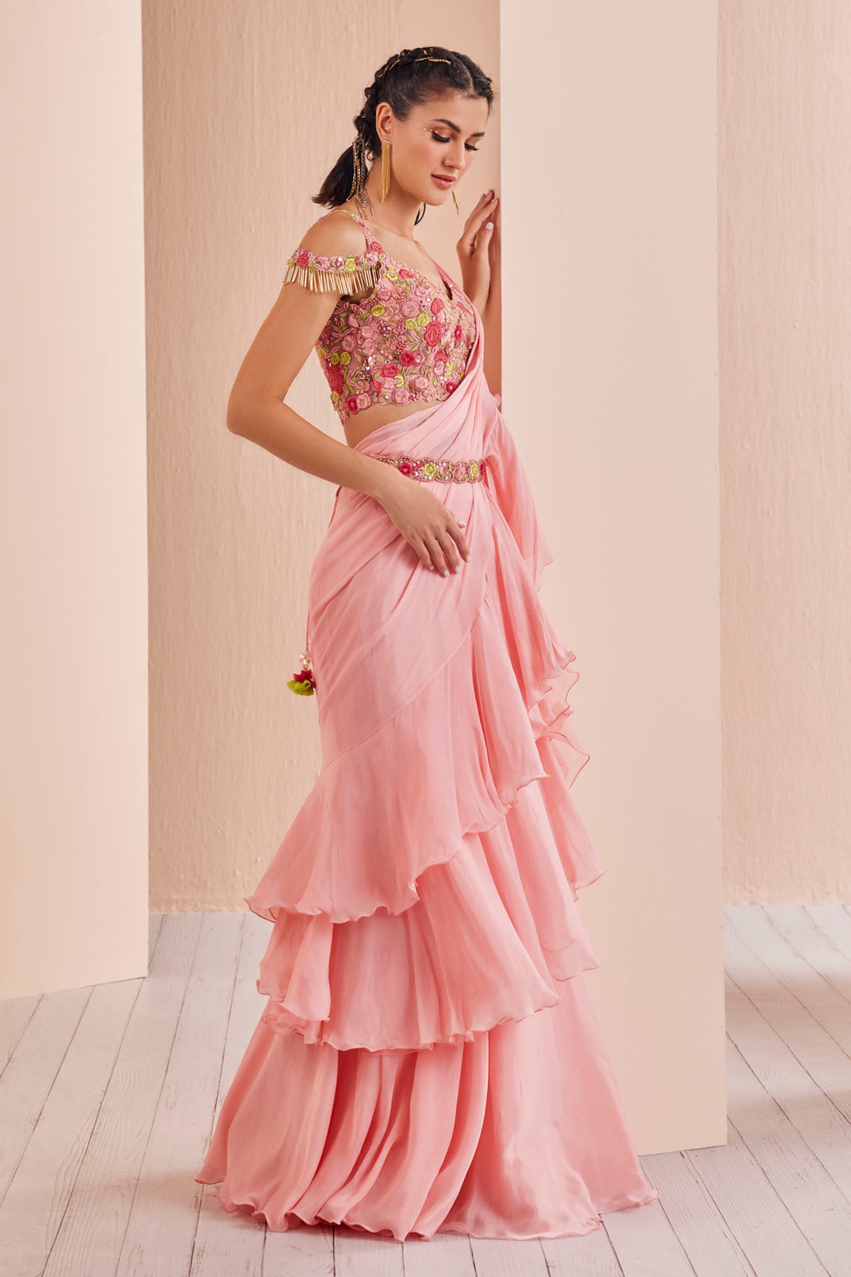 Pink Chiffon Ruffle Pre Drape Saree Set
