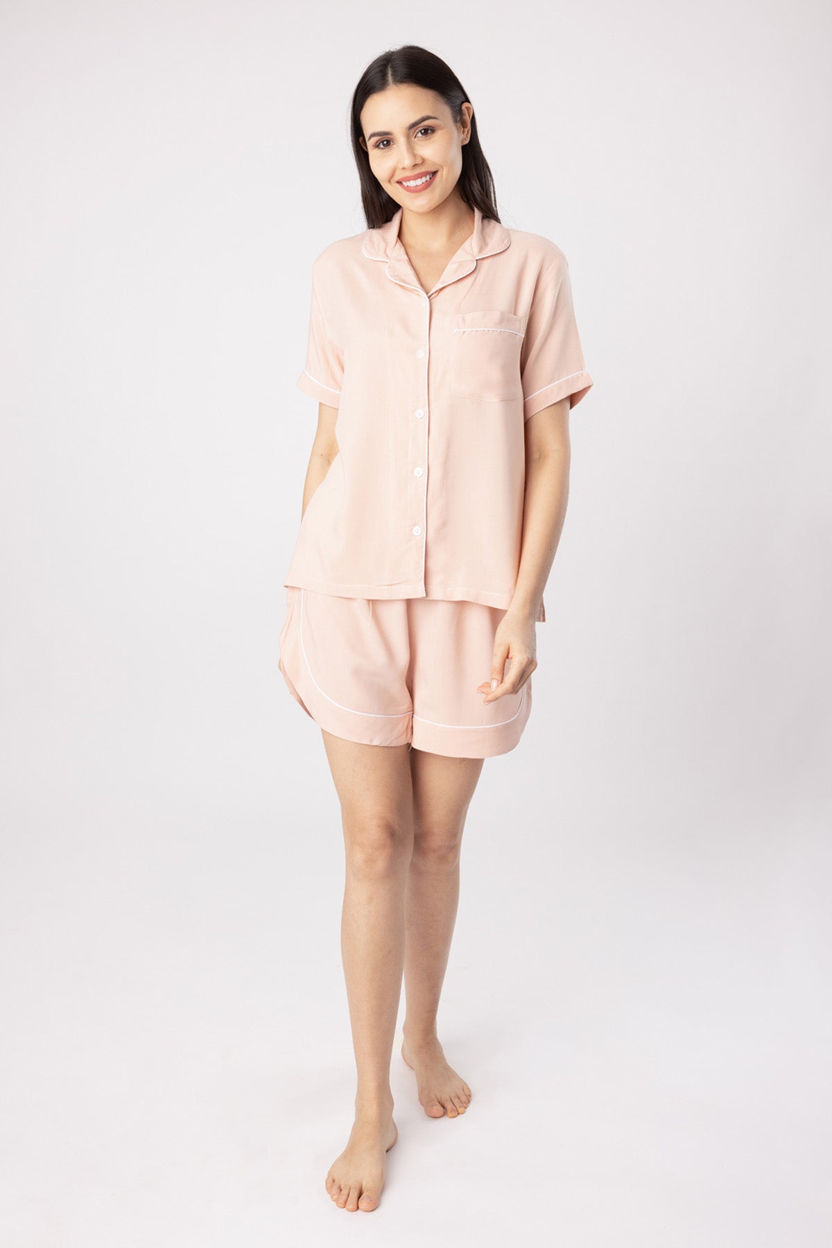 Pink Cotton Blend Shorts Set