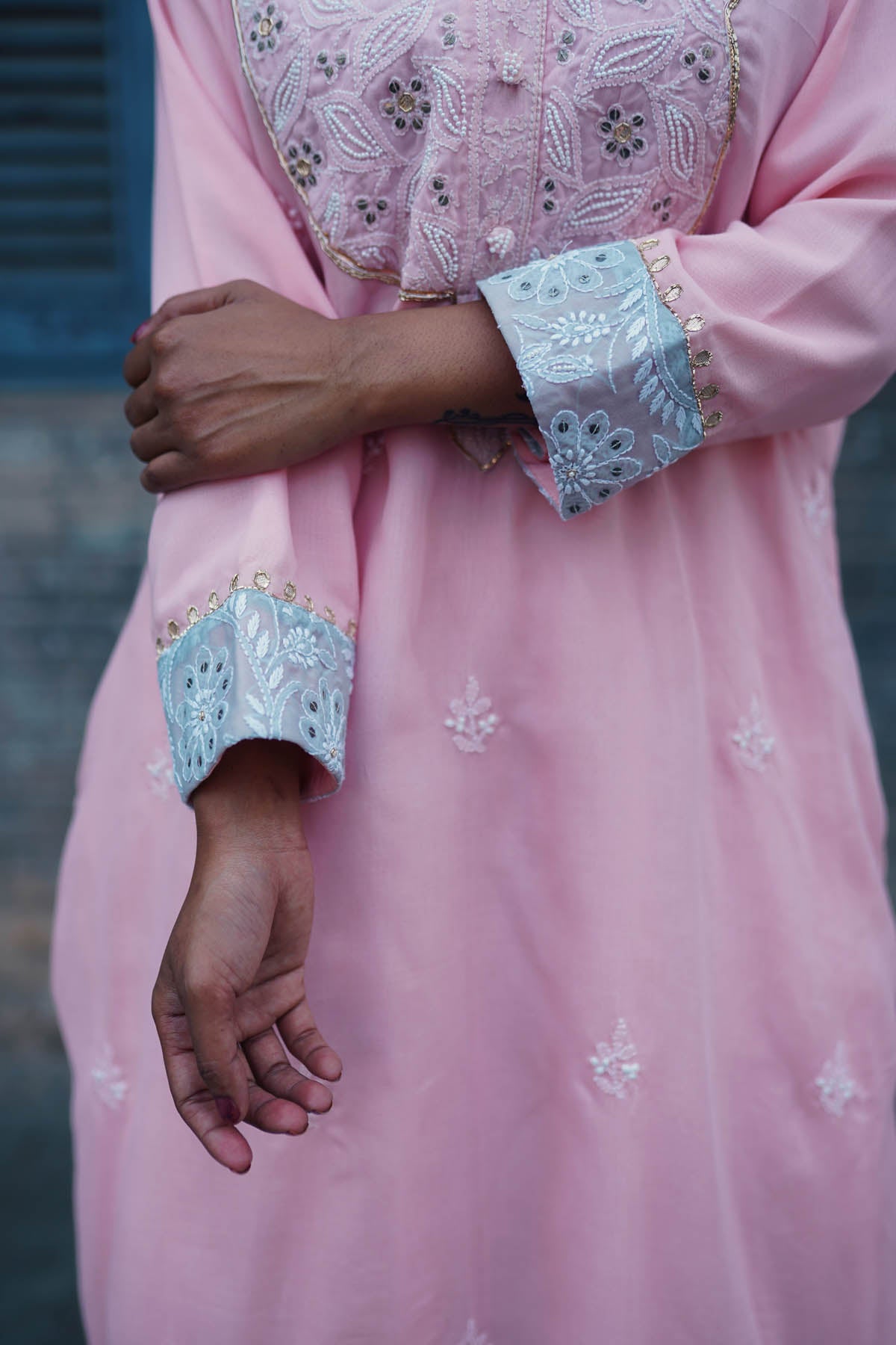 Pink Cotton Pearl & Sequins Kurti