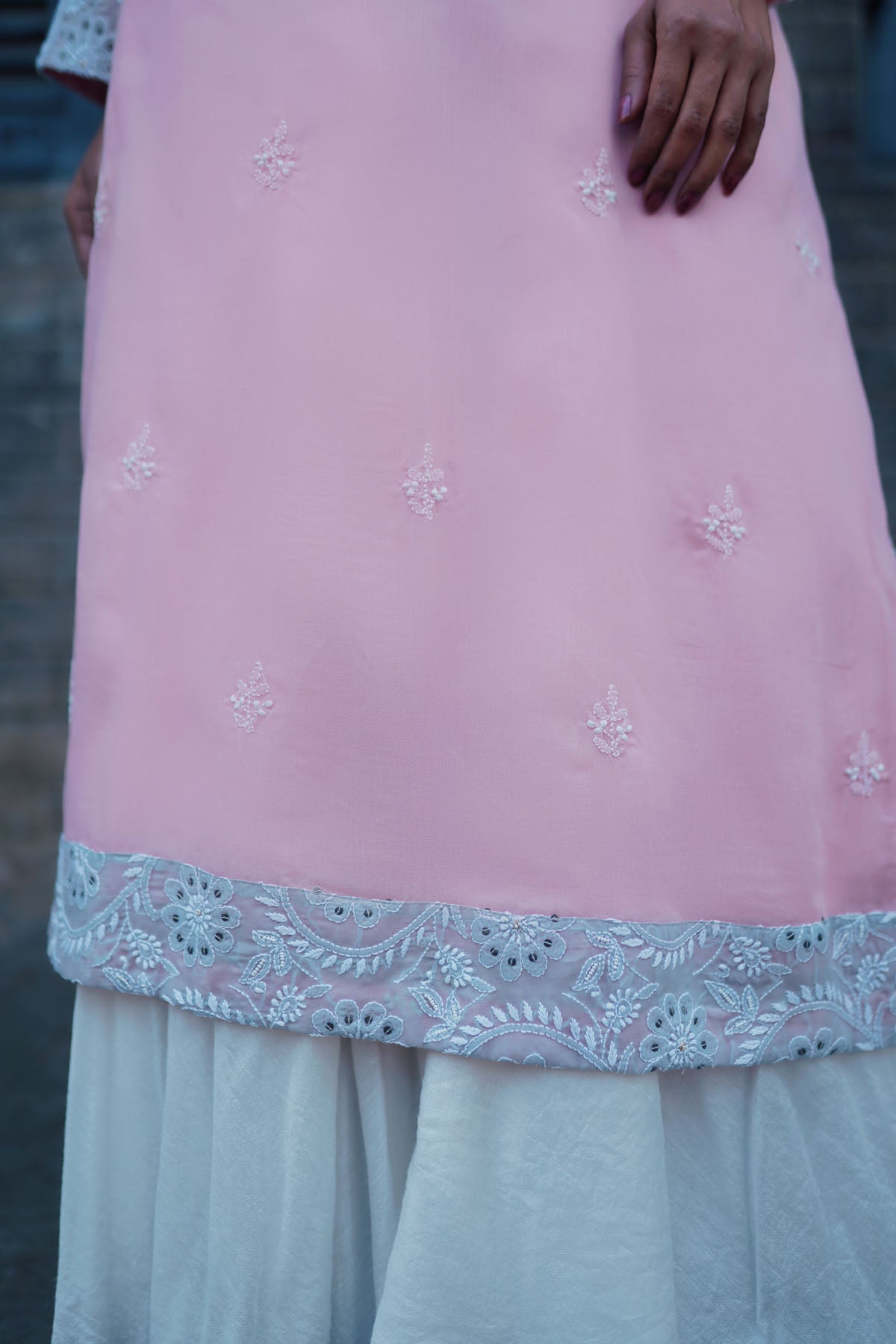 Pink Cotton Pearl & Sequins Kurti