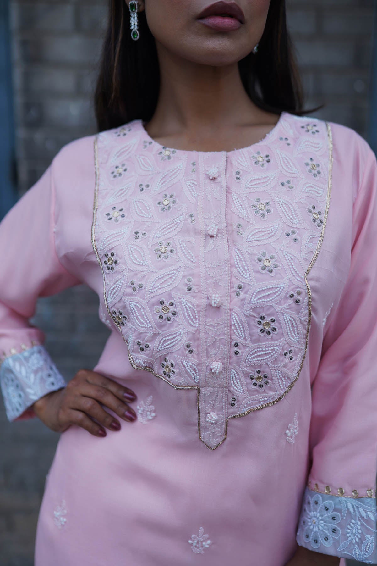 Pink Cotton Pearl & Sequins Kurti