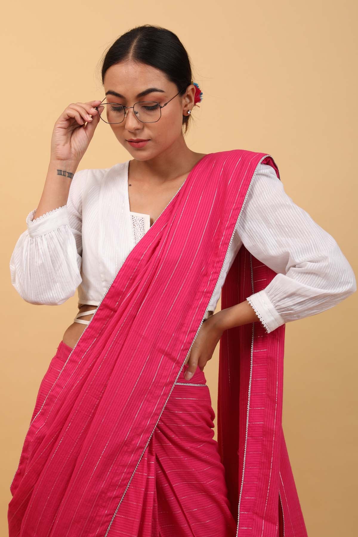 Pink Cotton Pre Stitched Saree Set