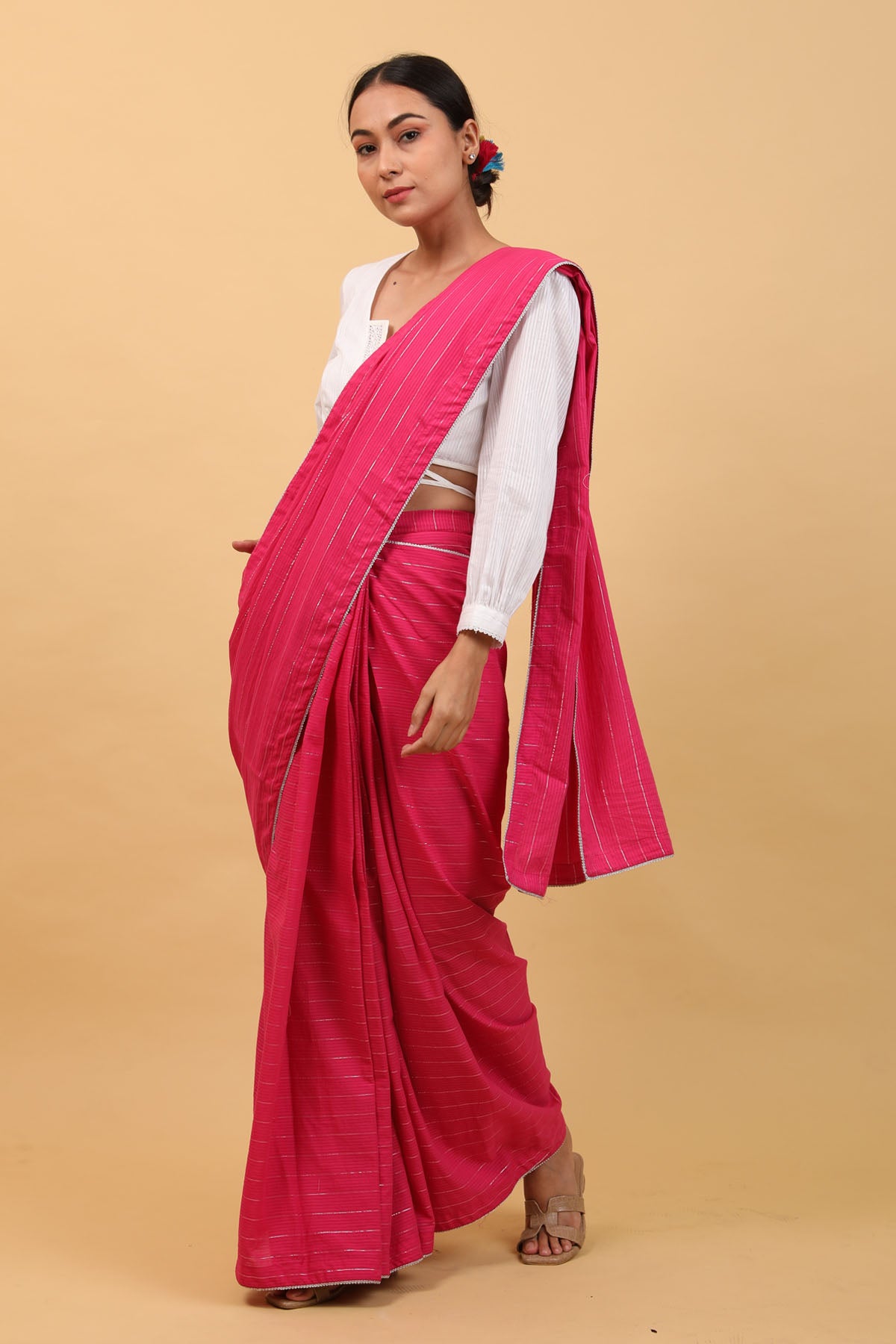 Pink Cotton Pre Stitched Saree Set