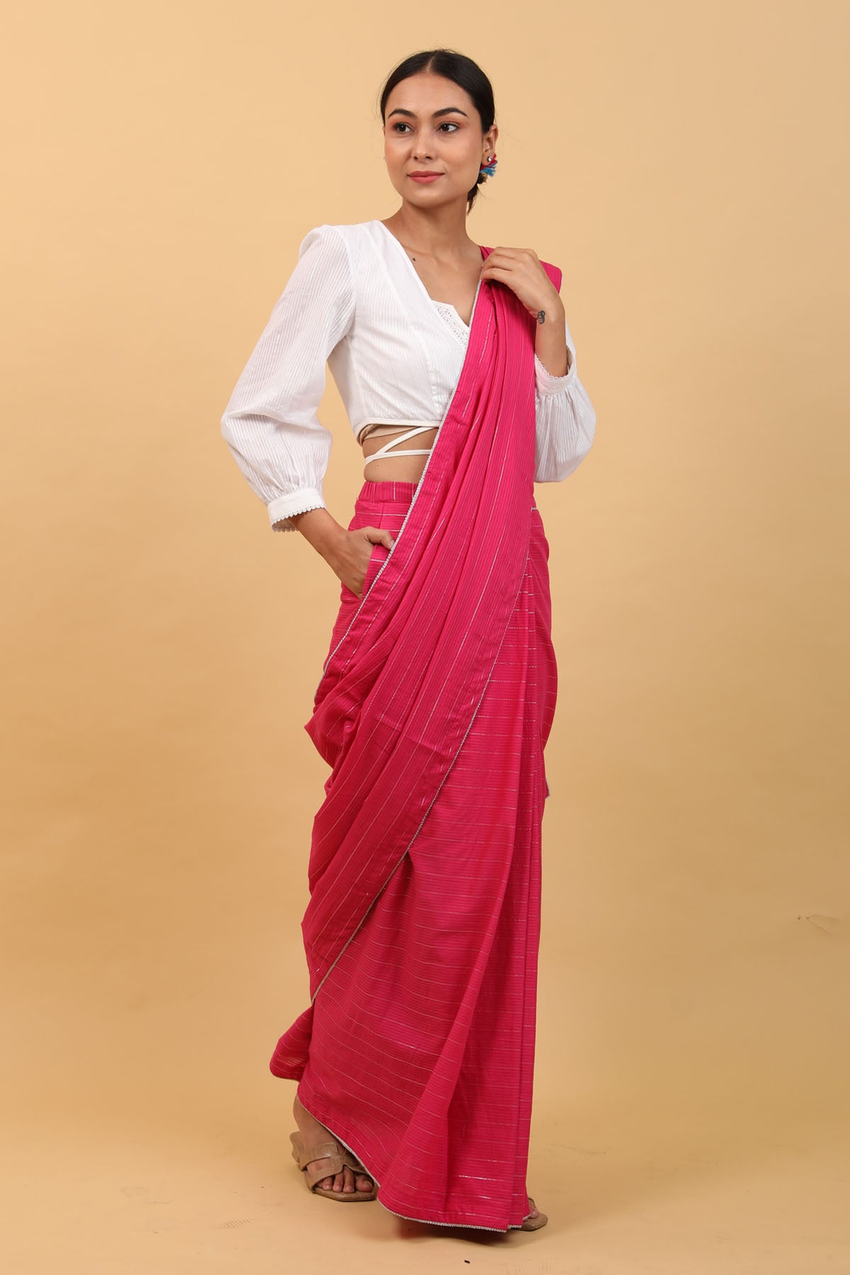 Pink Cotton Pre Stitched Saree Set