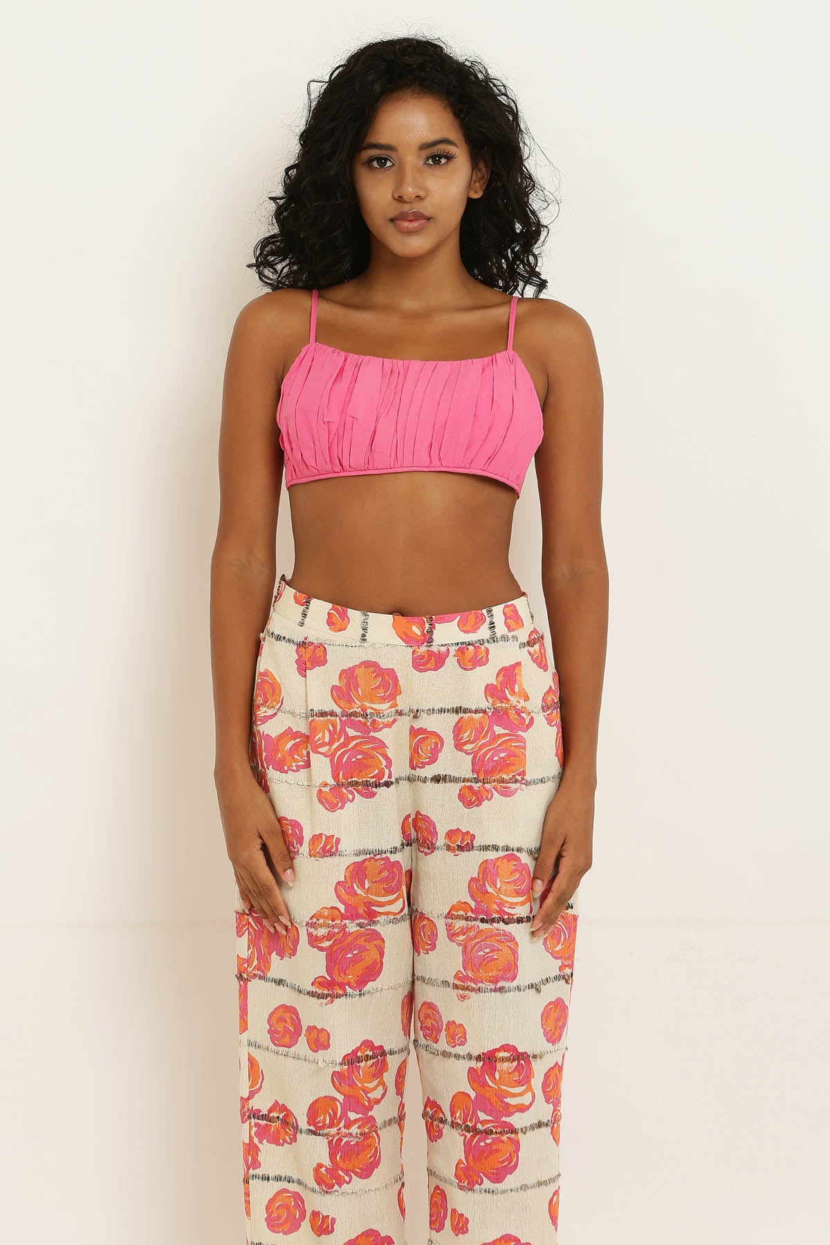 Pink Cotton Rose Print Pants