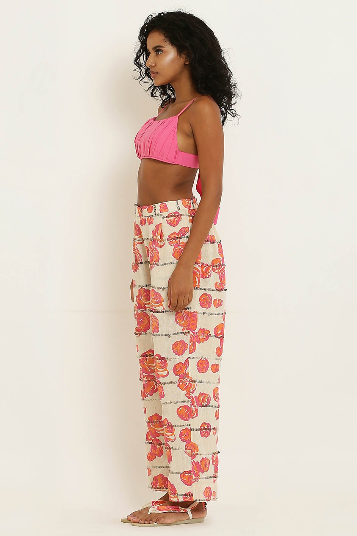Pink Cotton Rose Print Pants