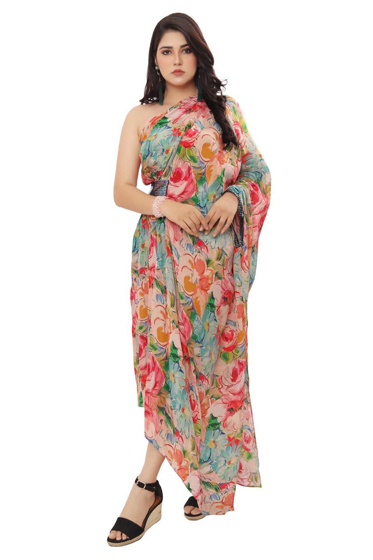 Pink Crepe Floral Print Dress